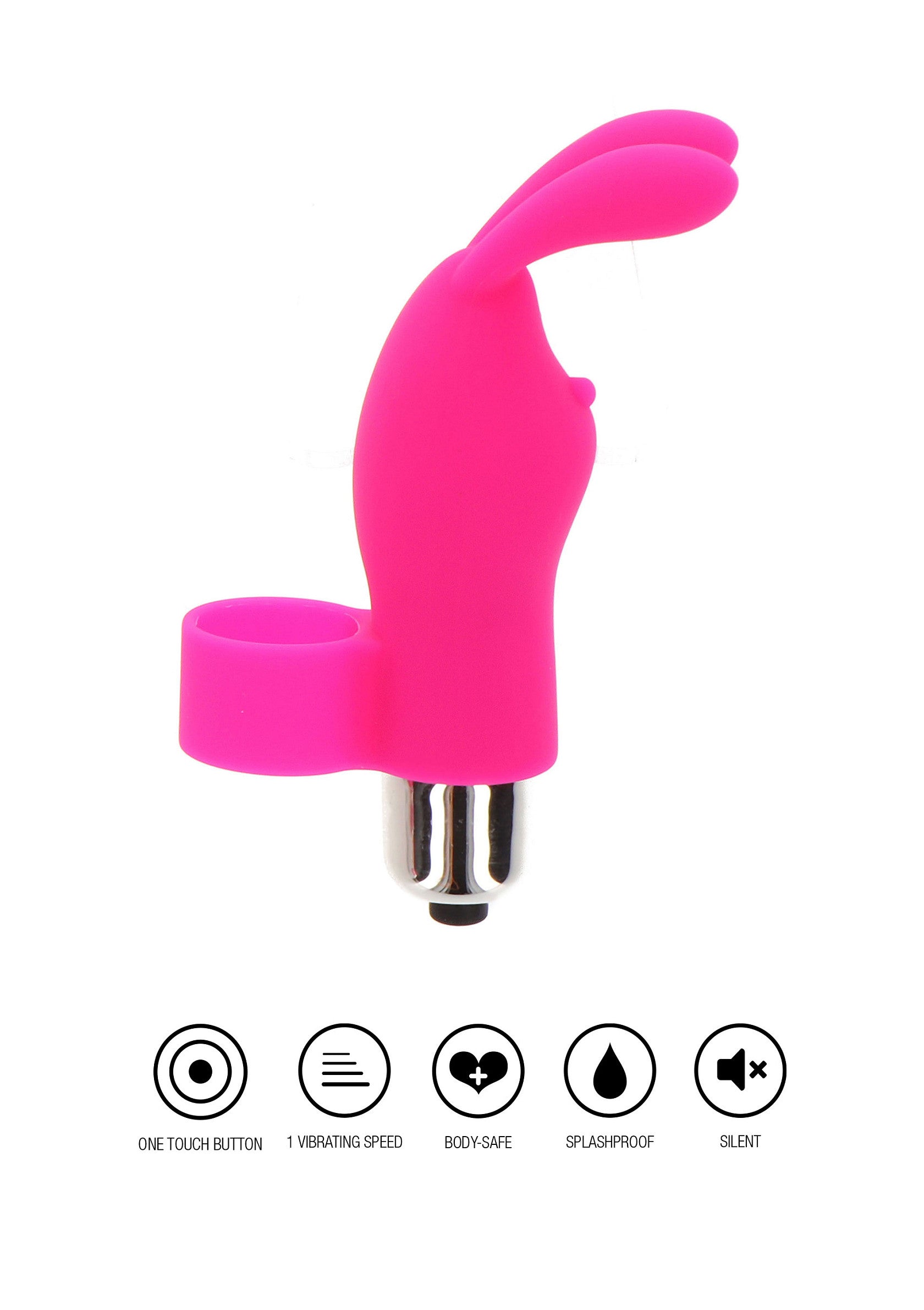 Vibromasseur rose en forme de lapin avec anneau pour le pénis. Discret, étanche et en silicone sûr pour le corps.; Roze vibrator in de vorm van een konijn met penisring. Discreet, waterdicht en gemaakt van lichaamsveilige siliconen.; Pink rabbit-shaped vibrator with penis ring. Discreet, waterproof and made of body-safe silicone.