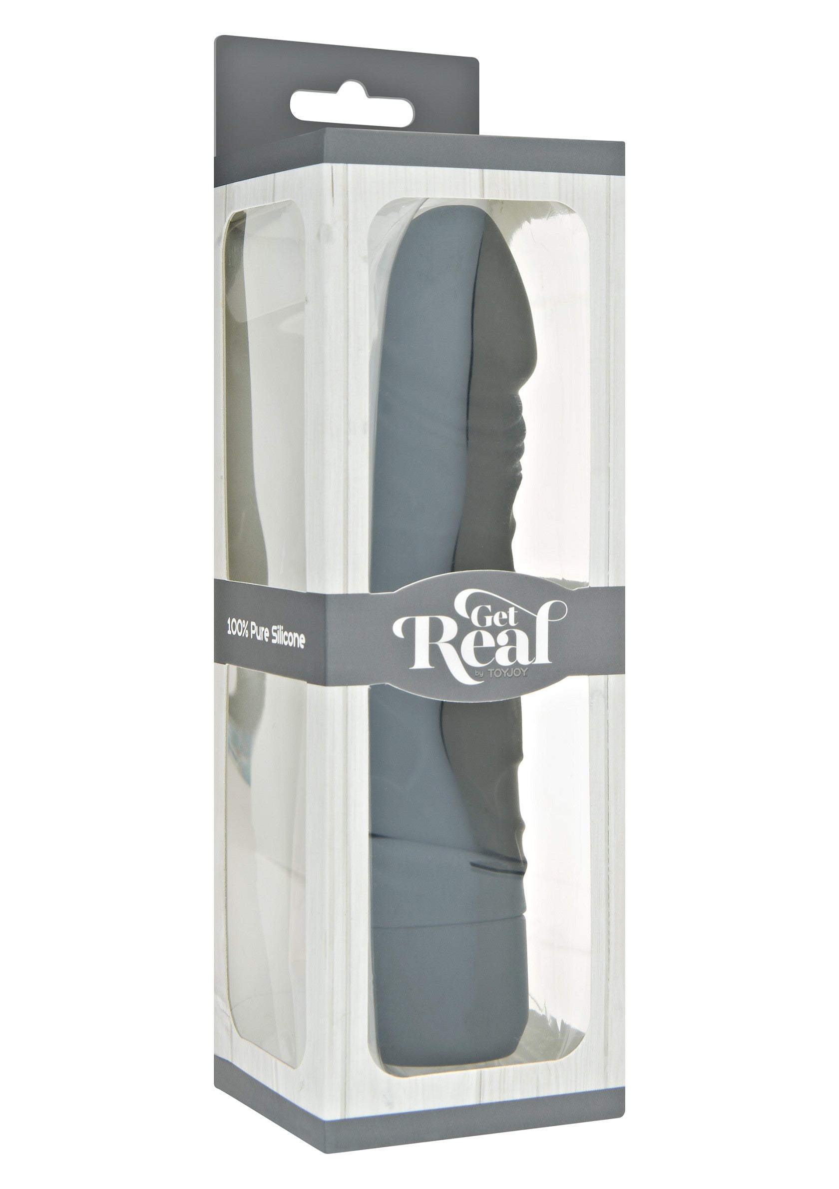 Vibromasseur gris en silicone de la marque Get Real, présenté dans son emballage transparent.; Grijze siliconen vibrator van het merk Get Real, gepresenteerd in een transparante verpakking.; Gray silicone vibrator by Get Real, presented in its transparent packaging.