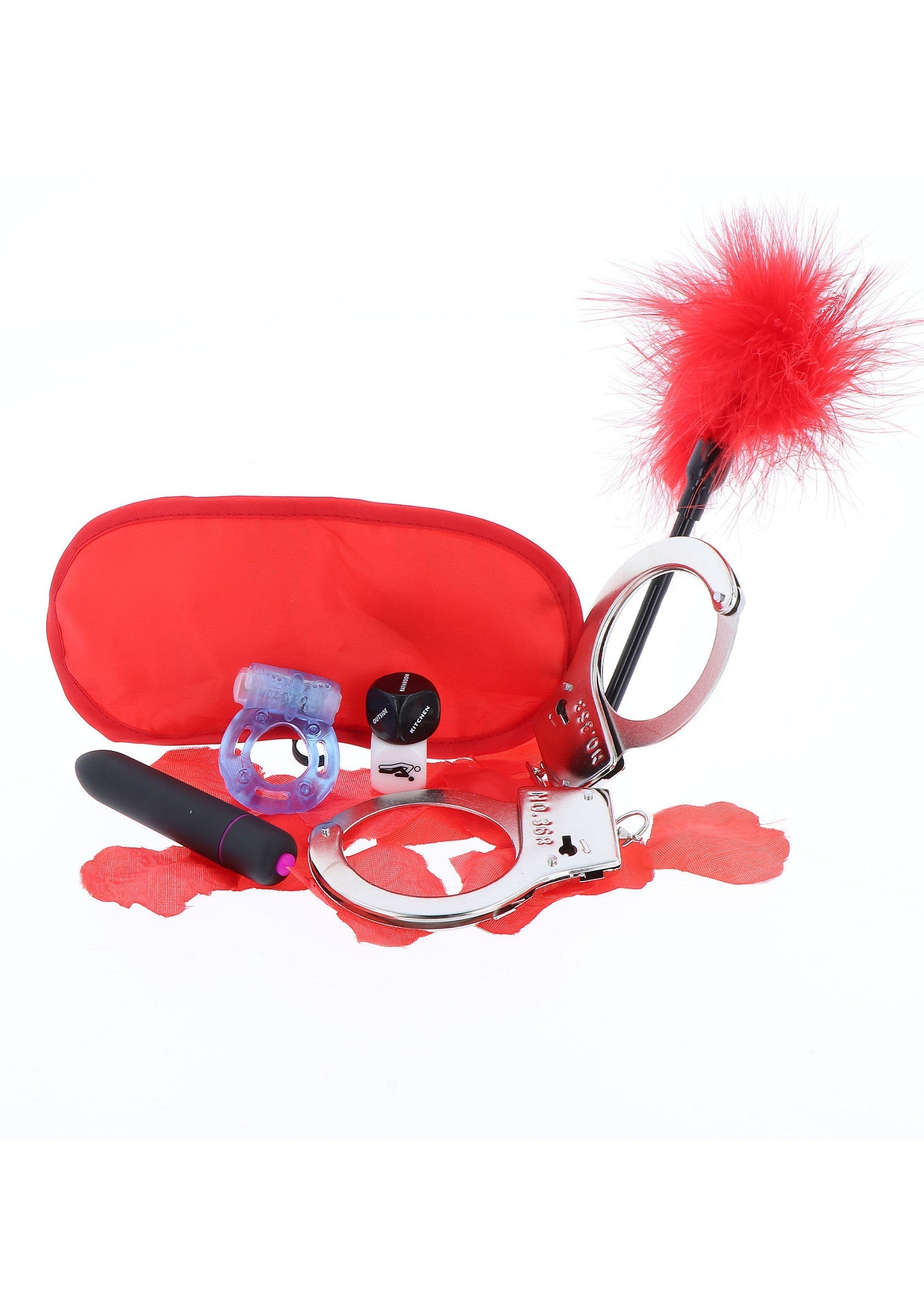 Kit de jeu pour adultes : vibromasseur, menottes, bandeau, plumeau... Parfait pour pimenter votre vie amoureuse !; Speelgoedset voor volwassenen: vibrator, handboeien, oogmasker, veren... Perfect om je liefdesleven op te fleuren!; Adult play set: vibrator, handcuffs, blindfold, feather duster... Perfect to spice up your love life!