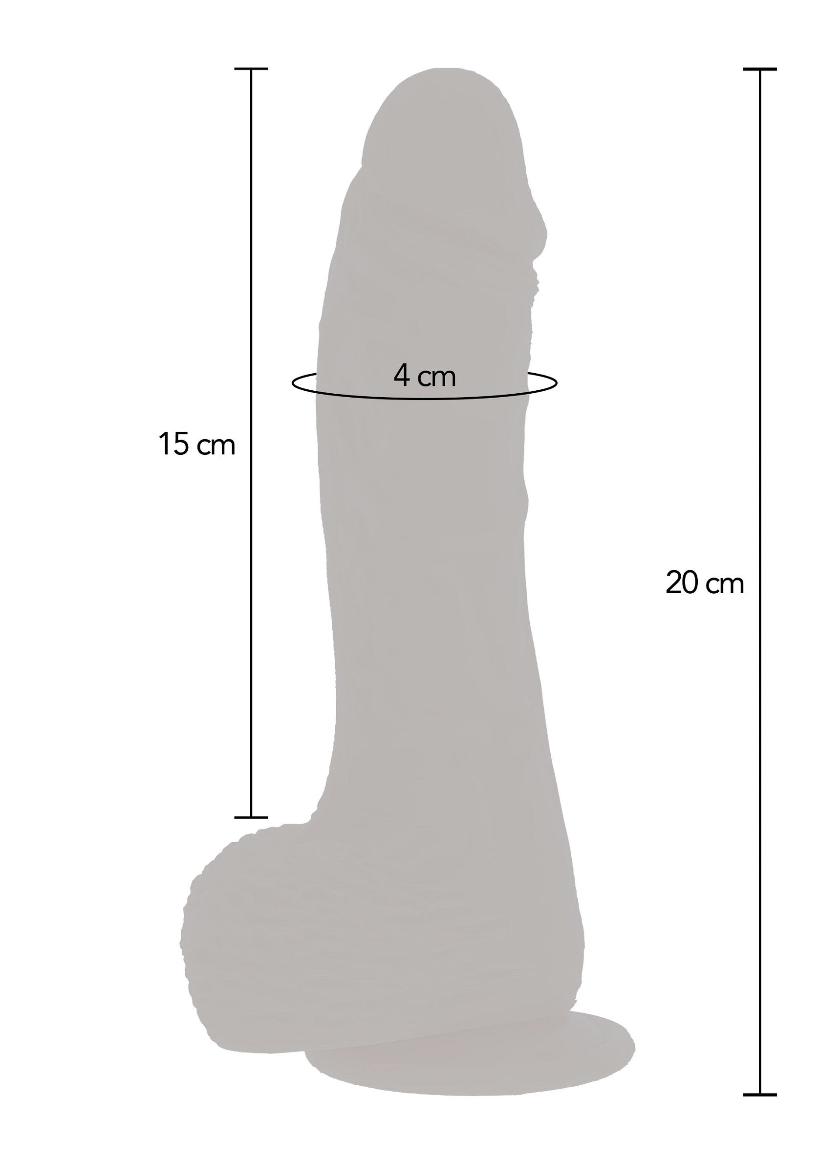 Dessin technique d'un gode avec les dimensions.; Technische tekening van een dildo met de afmetingen.; Technical drawing of a dildo with dimensions.