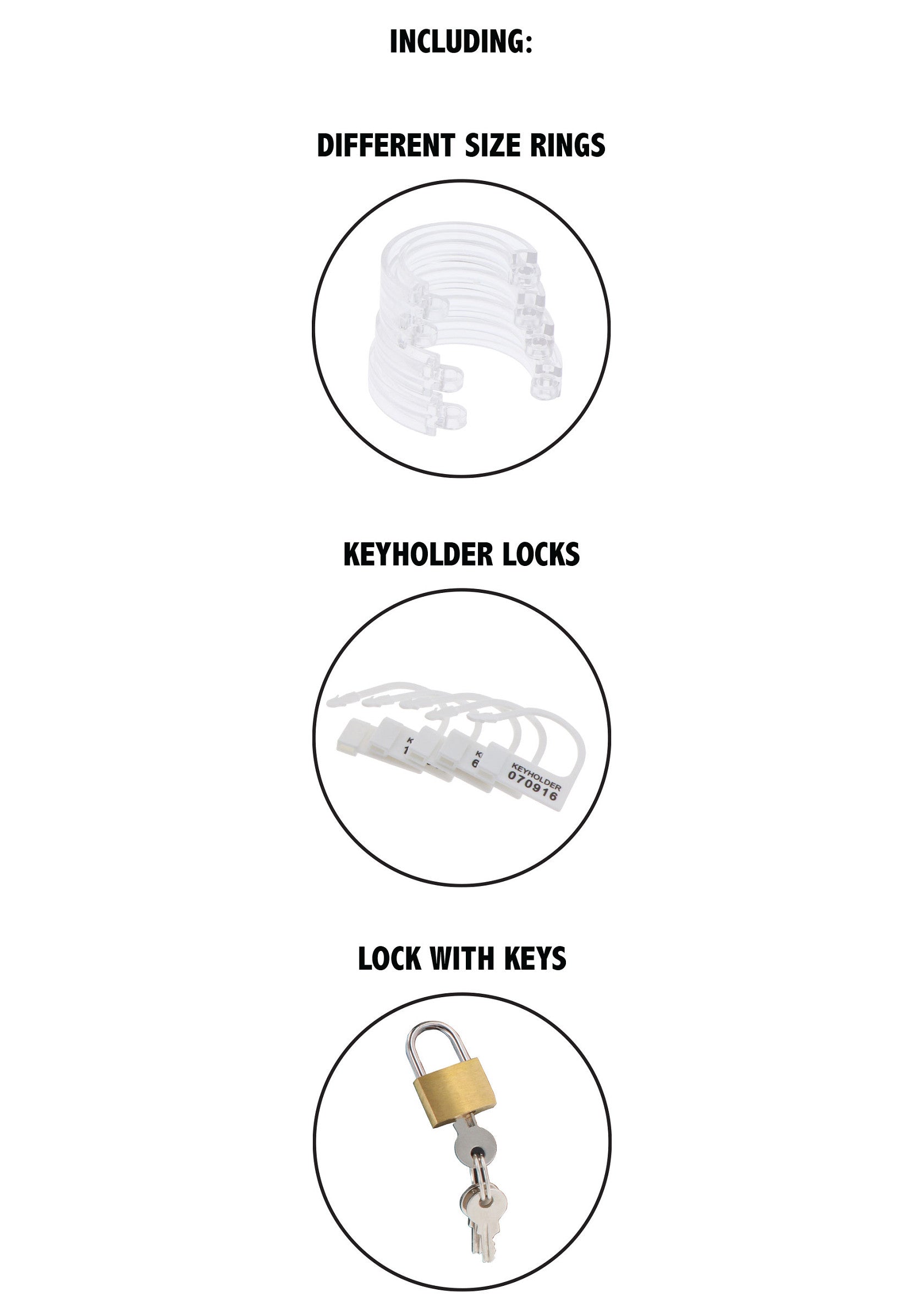 Inclus : bagues de différentes tailles, serrures de porte-clés, serrure avec clés.; Inclusief: ringen in verschillende maten, sleutelhanger sloten, slot met sleutels.; Including: different size rings, keyholder locks, lock with keys.
