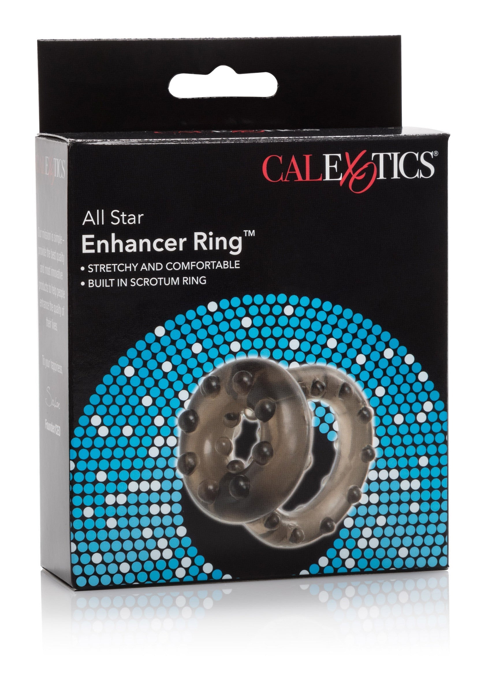 Anneau pénien Calexotics All Star Enhancer Ring pour plus de plaisir et de confort.; Calexotics All Star Enhancer Ring voor meer plezier en comfort. Stretch en scrotum ring.; Calexotics All Star Enhancer Ring for enhanced pleasure and comfort. Stretchy with scrotum ring.
