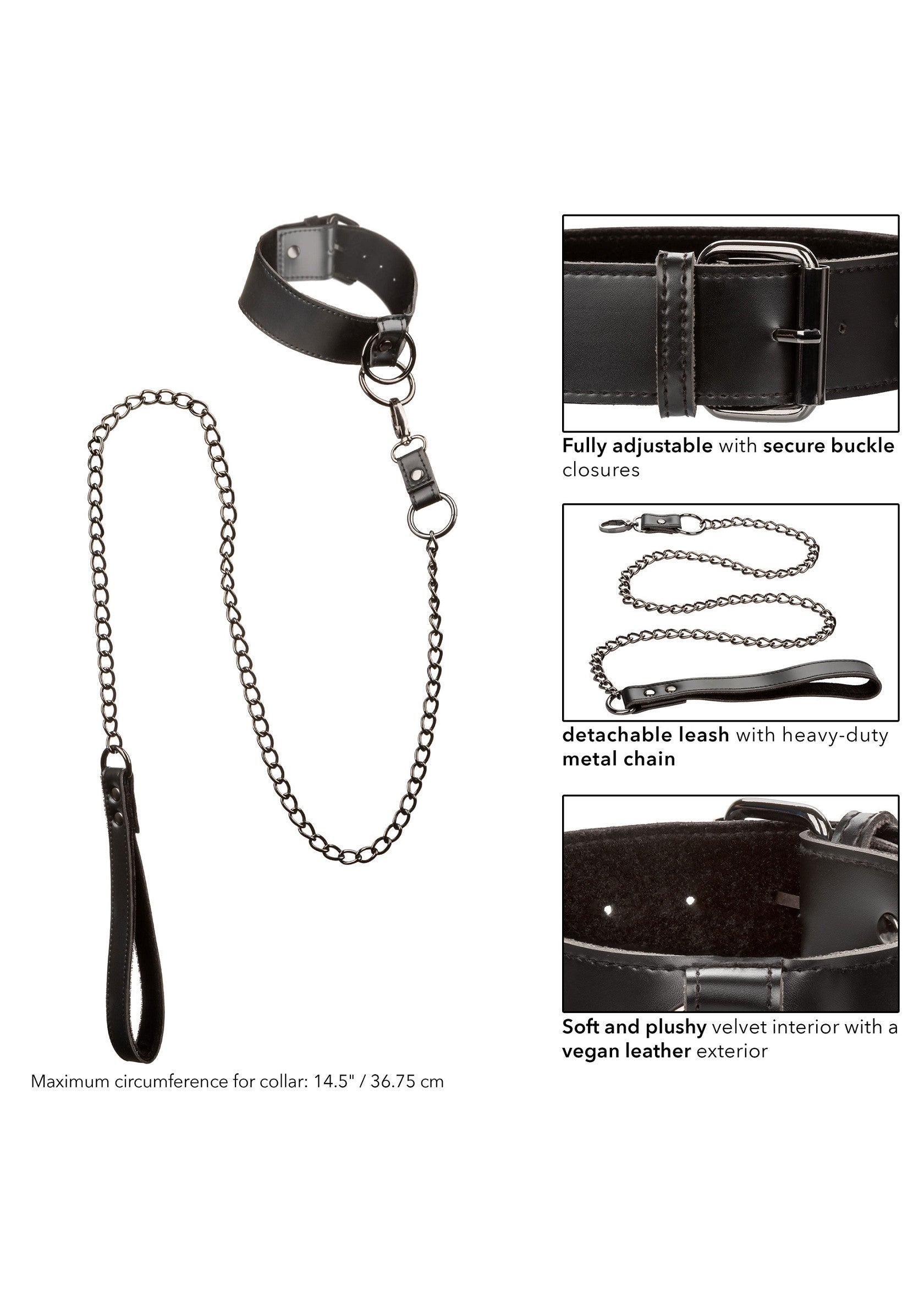 Collier et laisse réglables en cuir végan avec chaîne en métal robuste.; Verstelbare vegan leren halsband en riem met zware metalen ketting.; Adjustable vegan leather collar and leash with heavy-duty metal chain.