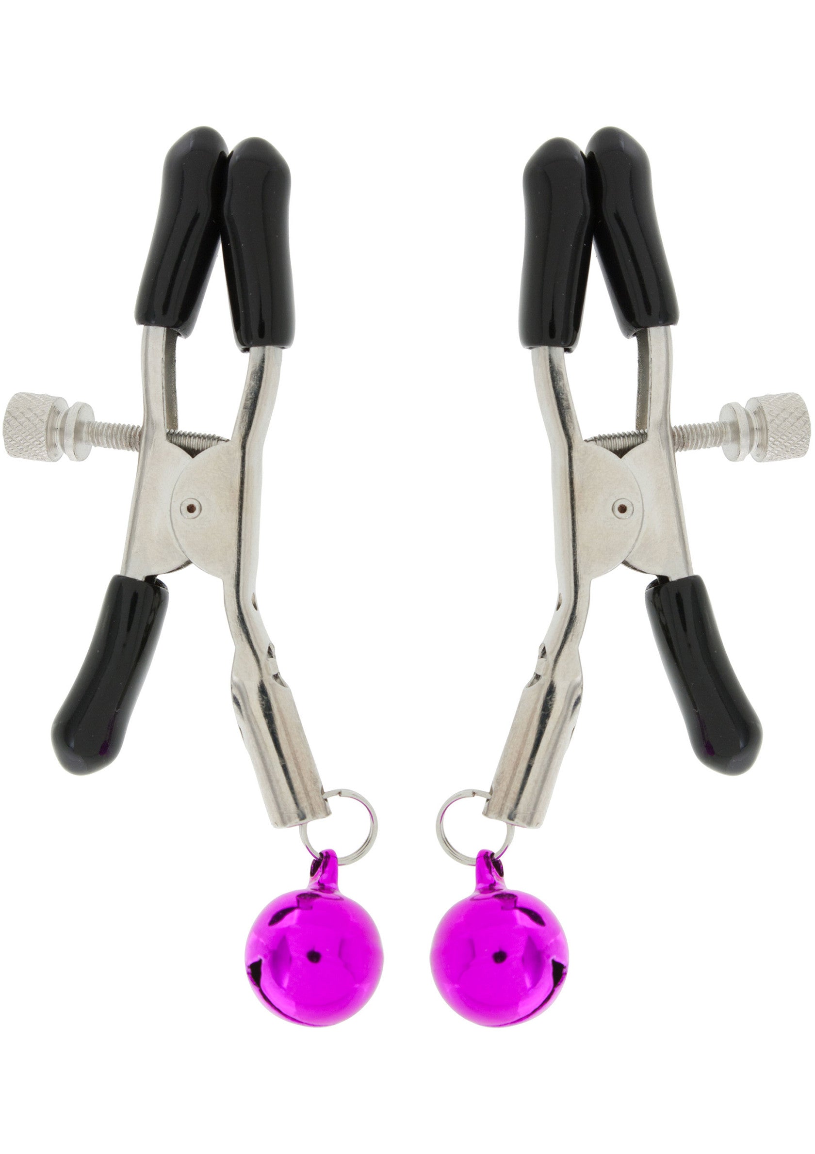Pinces à tétons avec clochettes roses pour plus de plaisir.; Tepelklemmen met roze belletjes voor extra genot.; Nipple clamps with pink bells for extra pleasure.