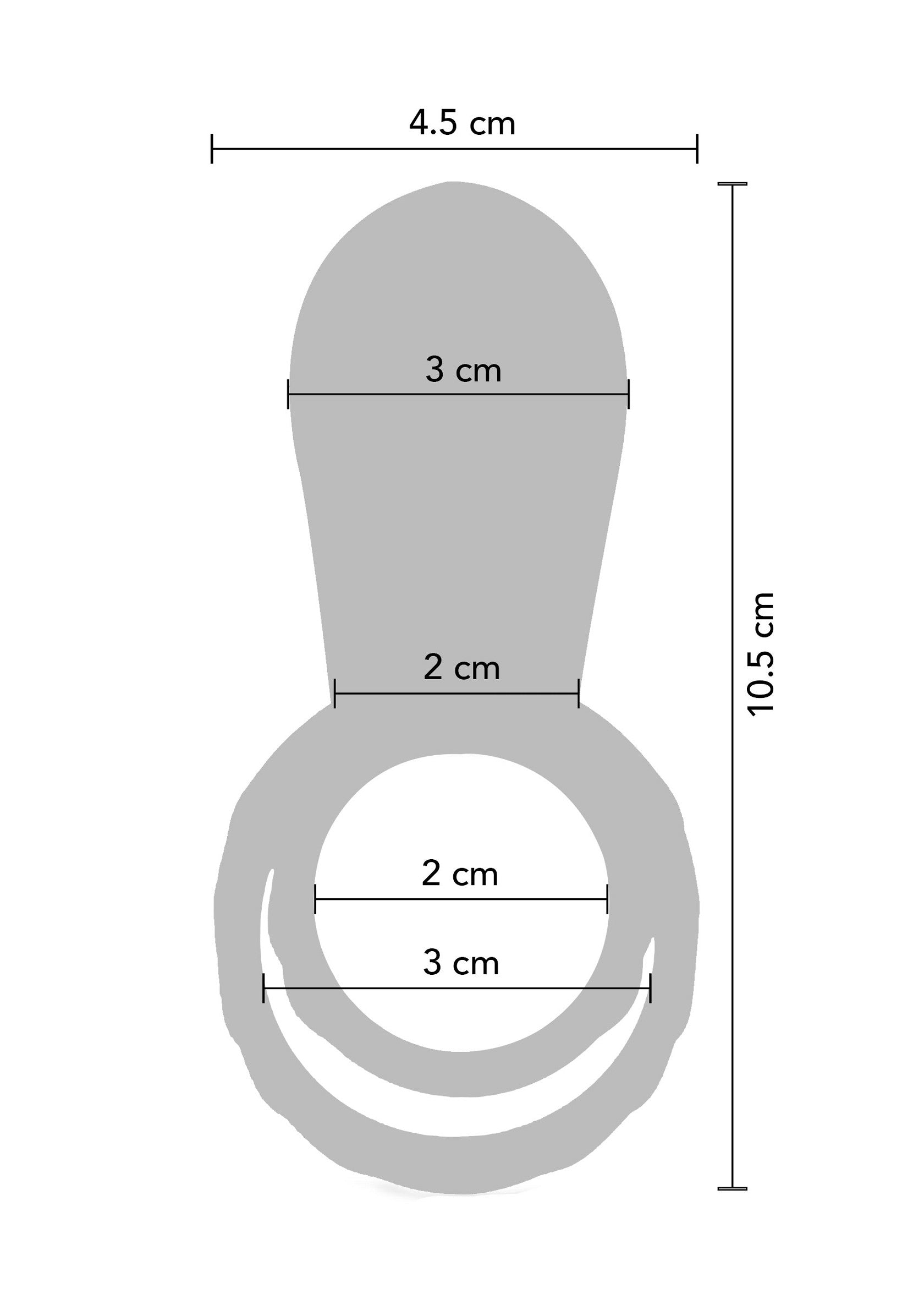 Schéma coté d'un accessoire, dimensions : 4.5 cm x 10.5 cm, avec un anneau de 3 cm de diamètre.; Afmetingen schema van een accessoire, afmetingen: 4,5 cm x 10,5 cm, met een ring van 3 cm diameter.; Dimensioned diagram of an accessory, dimensions: 4.5 cm x 10.5 cm, with a 3 cm diameter ring.