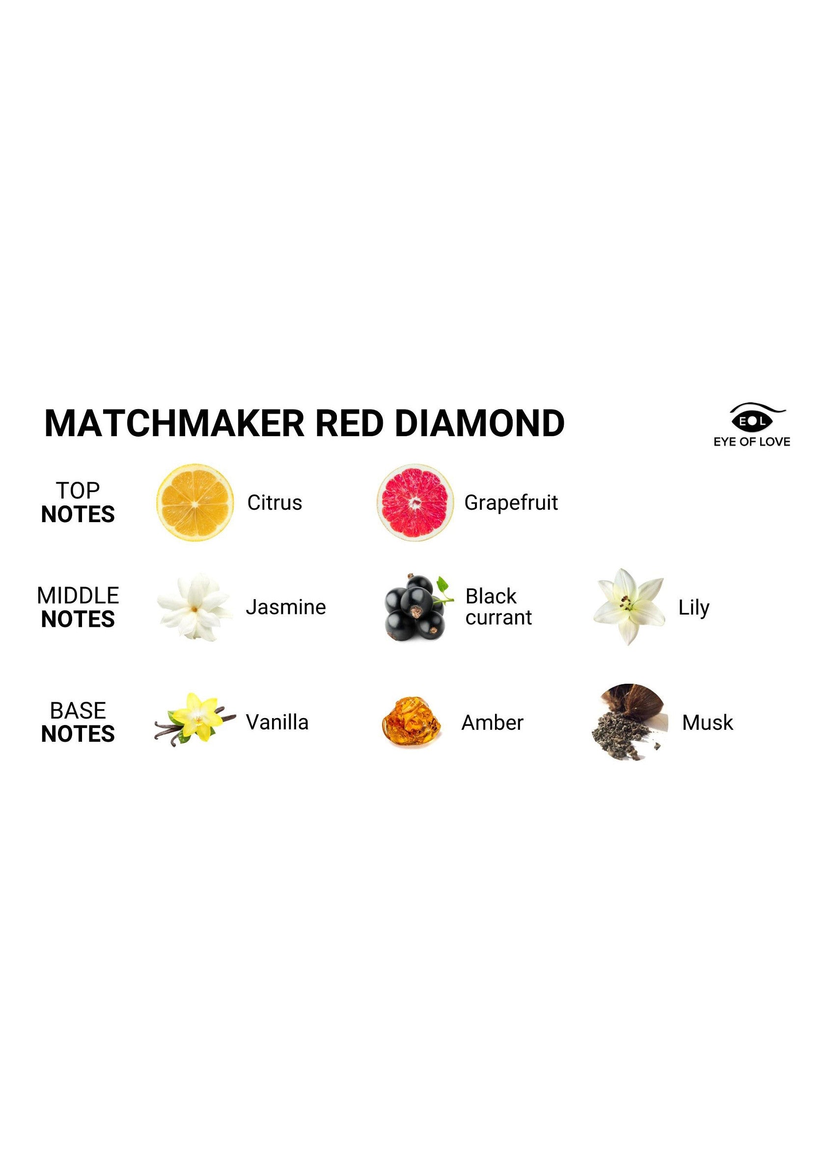Notes parfumées Matchmaker Red Diamond : agrumes, pamplemousse, jasmin, cassis, lys, vanille, ambre, musc.; Matchmaker Red Diamond parfum notities: citrus, grapefruit, jasmijn, zwarte bes, lelie, vanille, amber, musk.; Matchmaker Red Diamond perfume notes: citrus, grapefruit, jasmine, black currant, lily, vanilla, amber, musk.