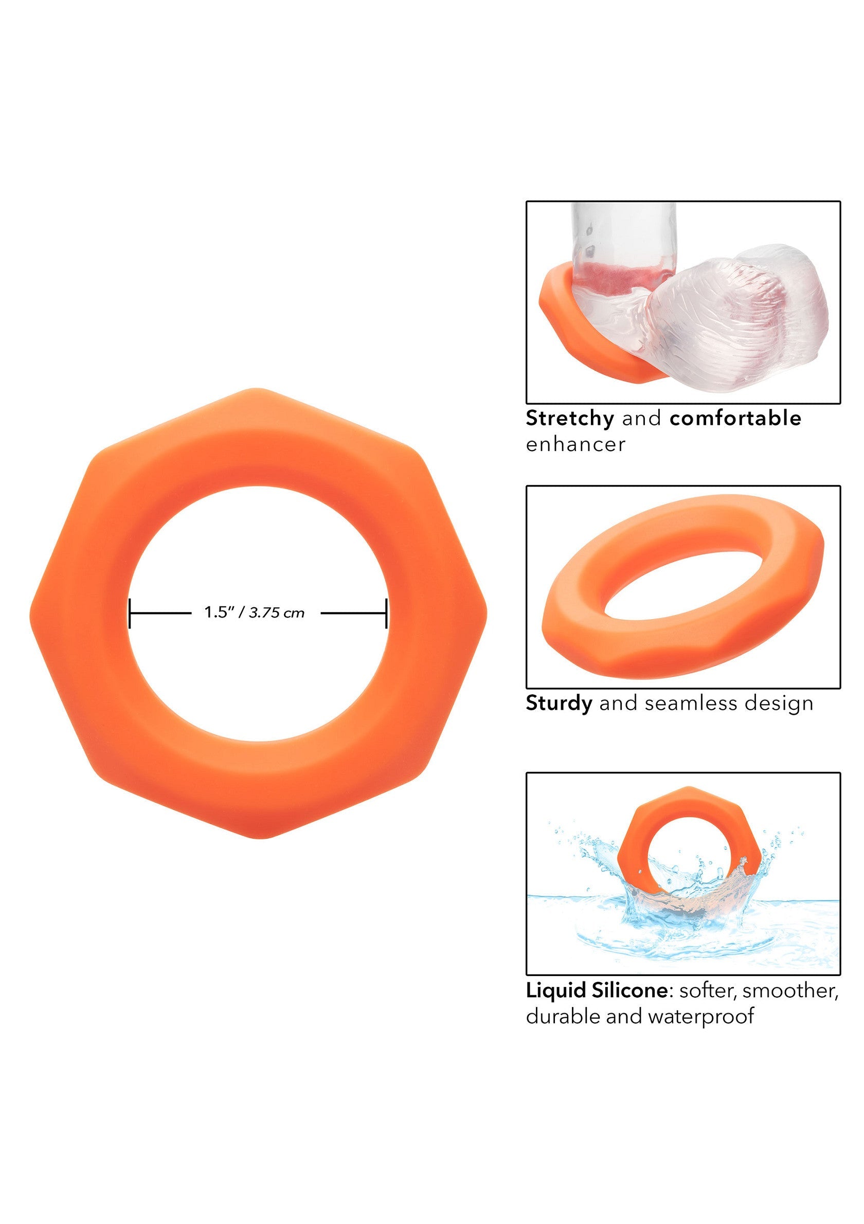 Anneau pénien en silicone orange, extensible, confortable, durable et imperméable. Design sans couture pour un meilleur maintien.; Oranje siliconen penisring, rekbaar, comfortabel, duurzaam en waterdicht. Naadloos ontwerp voor betere ondersteuning.; Orange silicone cock ring, stretchy, comfortable, durable, and waterproof. Seamless design for enhanced support.
