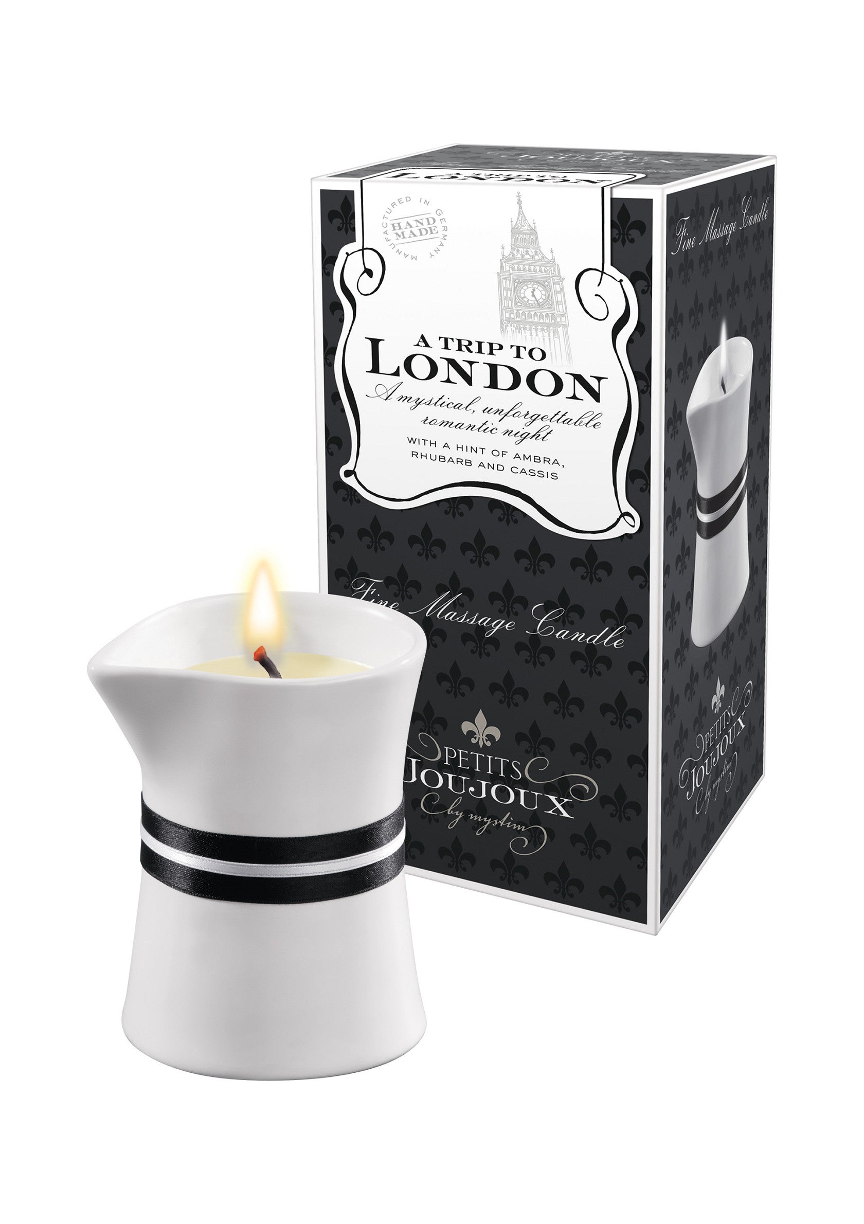 Bougie de massage Petits Joujoux 'A Trip to London'. Une nuit romantique avec une touche d'ambre, de rhubarbe et de cassis.; Petits Joujoux massagekaars 'A Trip to London'. Een romantische nacht met een vleugje amber, rabarber en cassis.; Petits Joujoux massage candle 'A Trip to London'. A romantic night with a hint of amber, rhubarb and cassis.