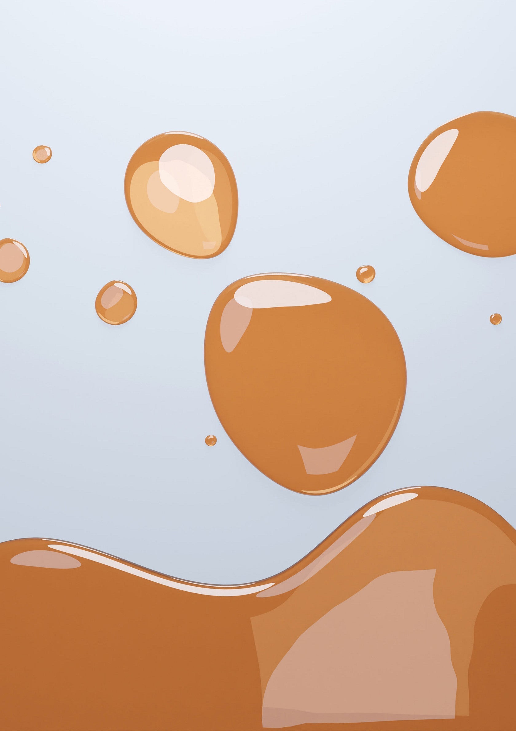 Gouttes de liquide caramel clair sur fond bleu, parfait pour cosmétiques ou gourmandises.; Druppels heldere karamel vloeistof op blauwe achtergrond, perfect voor cosmetica of zoetigheden.; Drops of light caramel liquid on blue background, perfect for cosmetics or sweets.