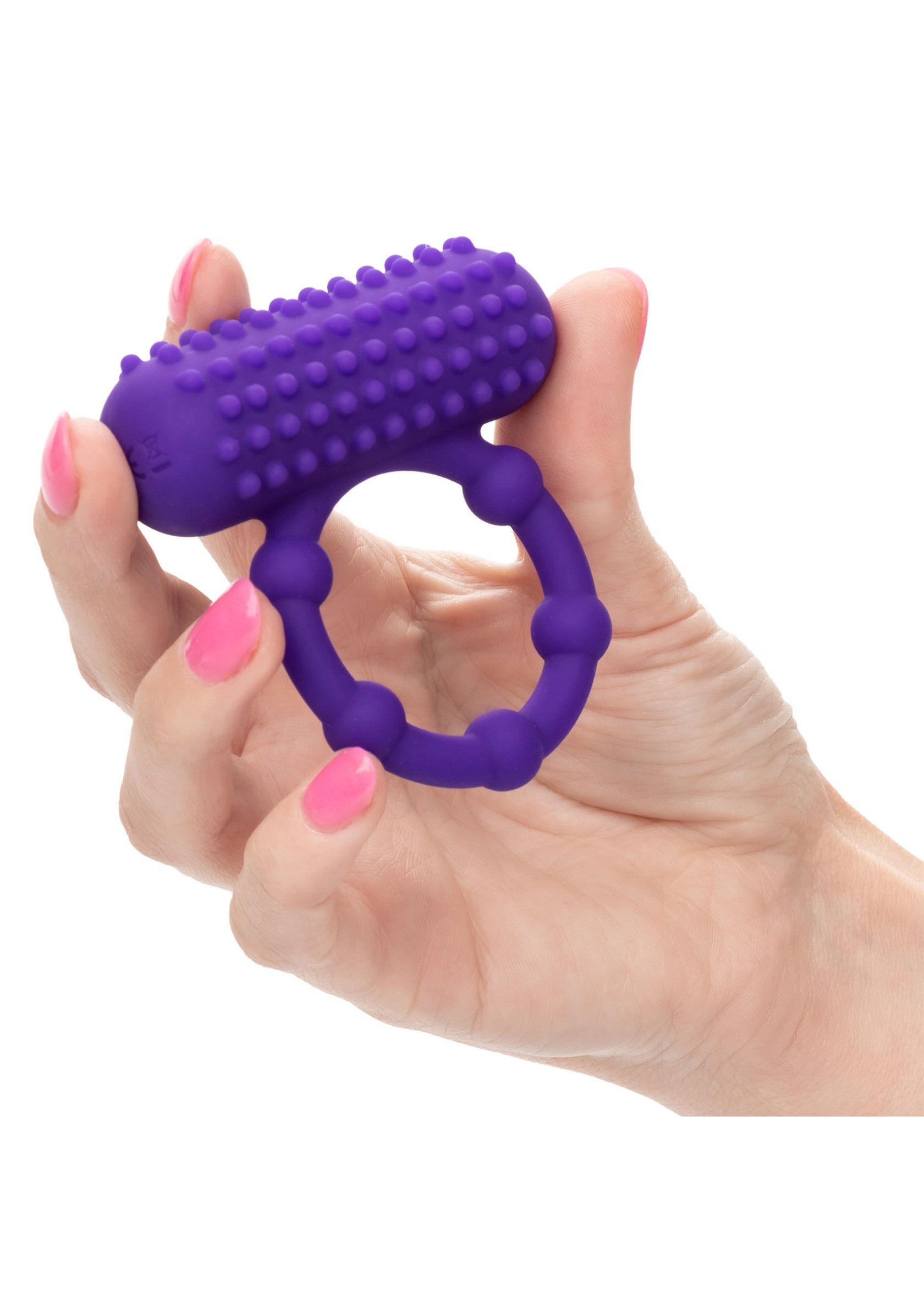 Anneau vibrant violet texturé pour couples. Plaisir intense garanti.; Paarse vibrerende penisring met textuur voor koppels. Gegarandeerd intens genot.; Textured purple vibrating cock ring for couples. Guaranteed intense pleasure.