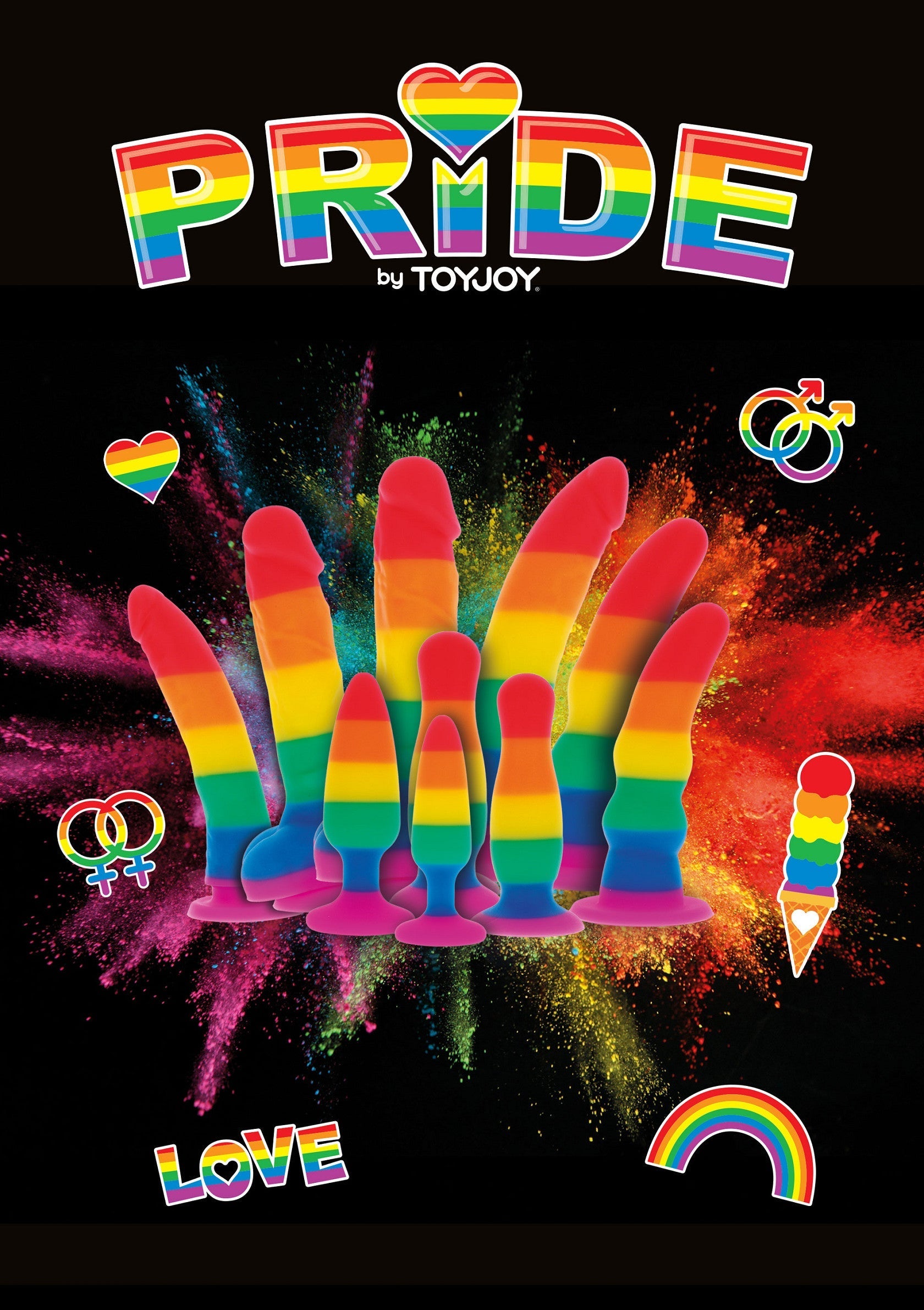 Collection Pride de sextoys ToyJoy. Célébrez la diversité avec ces accessoires arc-en-ciel vibrants et amusants.; Pride collectie seksspeeltjes van ToyJoy. Vier diversiteit met deze levendige en leuke regenboog accessoires.; Pride collection of sex toys by ToyJoy. Celebrate diversity with these vibrant and fun rainbow accessories.