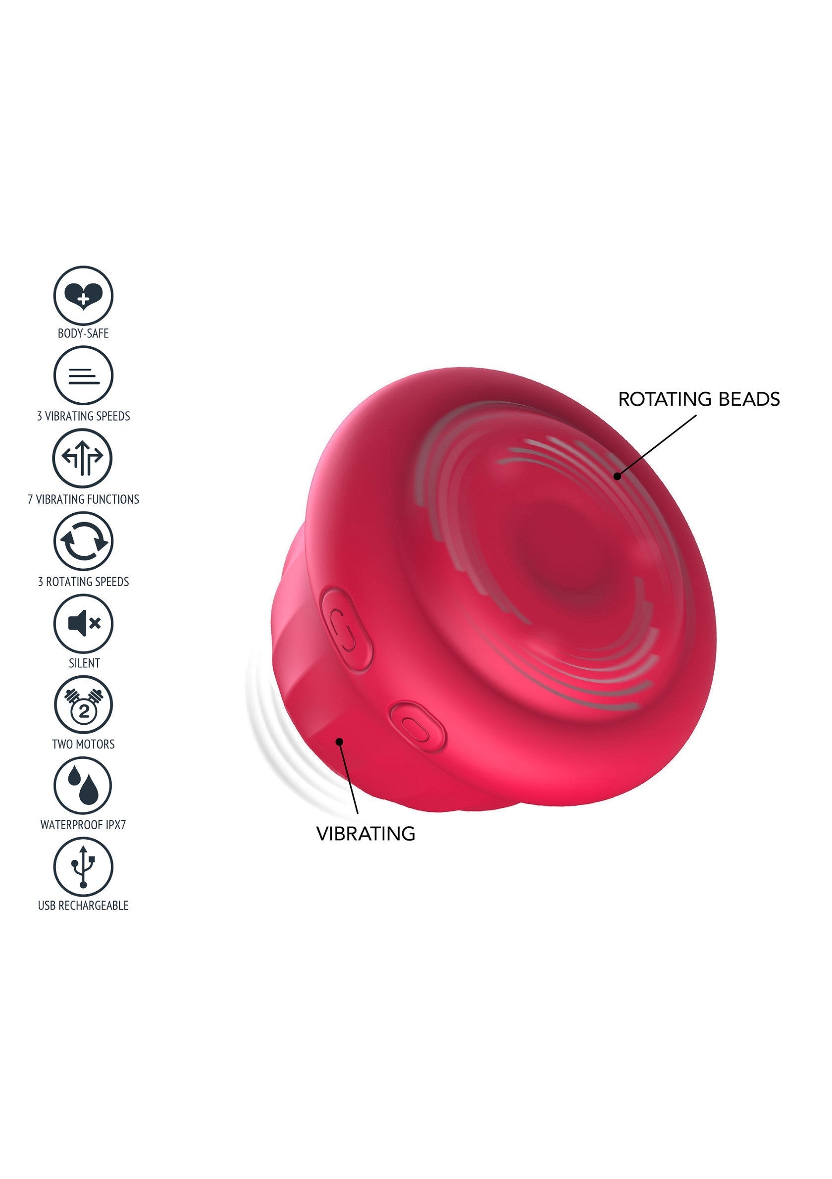 Masseur personnel rouge vibrant avec billes rotatives pour une expérience unique et intense.; Rode vibrerende stimulator met roterende balletjes voor een intense en unieke ervaring.; Vibrating red personal massager with rotating beads for a unique and intense experience.
