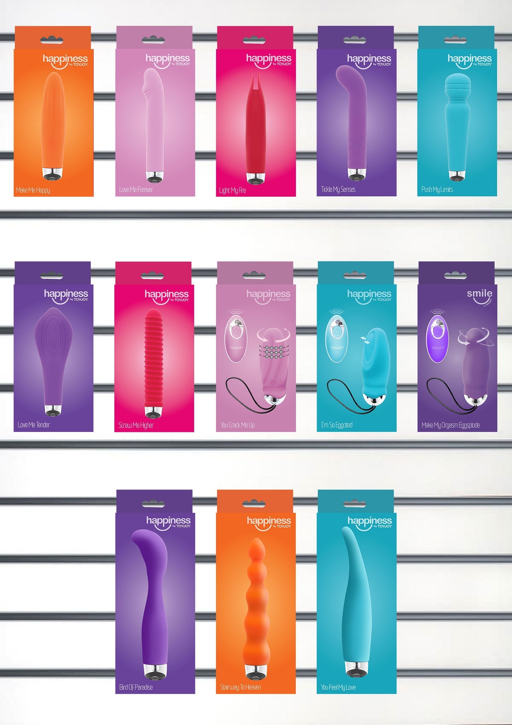 Collection variée de sextoys 'Happiness' et 'Smile' présentés sur une étagère. Découvrez notre sélection de produits pour le plaisir.; Diverse collectie seksspeeltjes 'Happiness' en 'Smile' gepresenteerd op een plank. Ontdek onze selectie van plezierproducten.; Diverse collection of 'Happiness' and 'Smile' sex toys displayed on a shelf. Discover our selection of pleasure products.