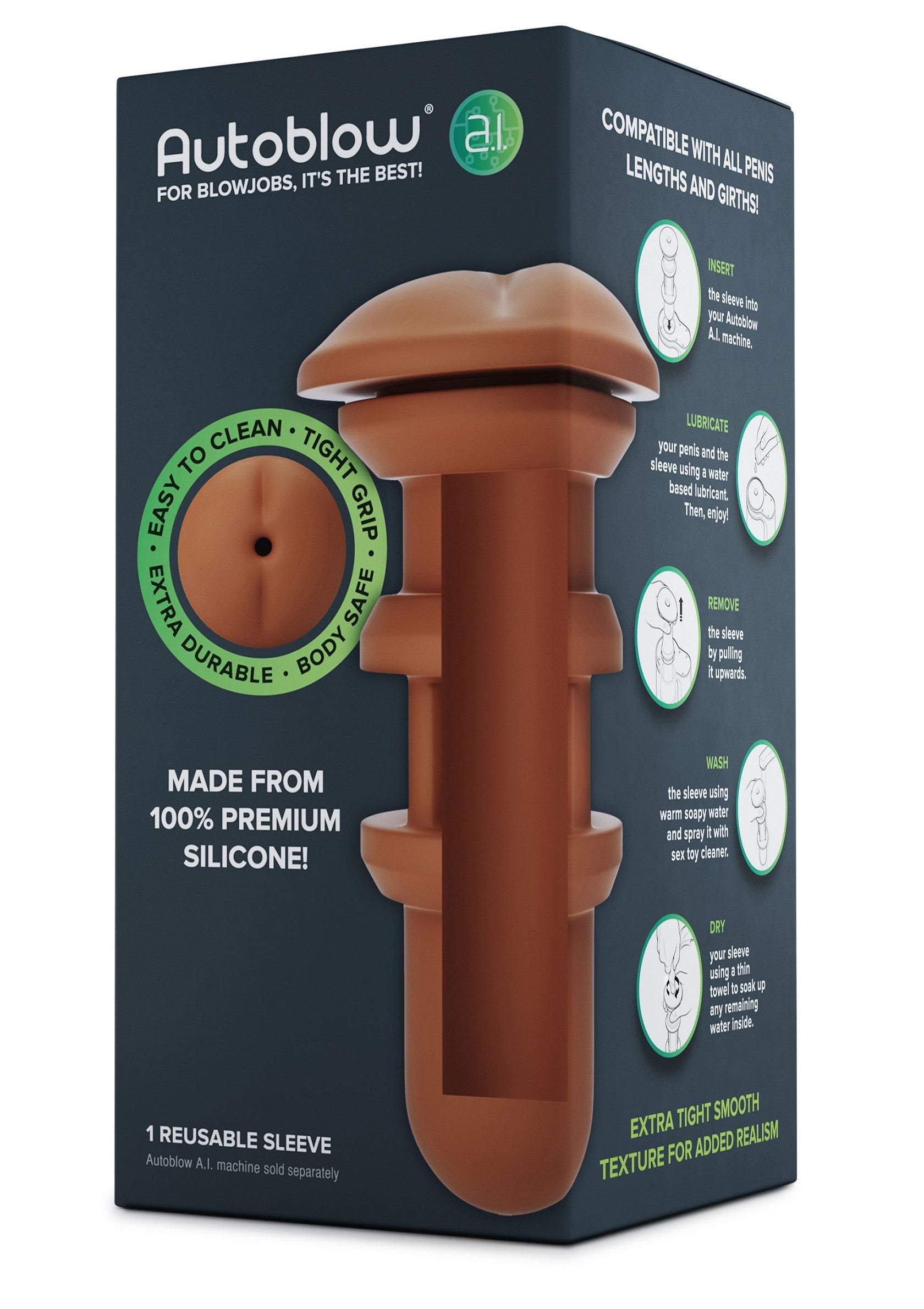 Autoblow AI, manchon de masturbation réutilisable en silicone. Compatible toutes tailles et textures lisses pour réalisme accru.; Autoblow AI, herbruikbare masturbatie sleeve van siliconen. Compatibel met alle maten, gladde textuur voor extra realisme.; Autoblow AI, reusable silicone masturbation sleeve. Compatible with all sizes, smooth texture for added realism.
