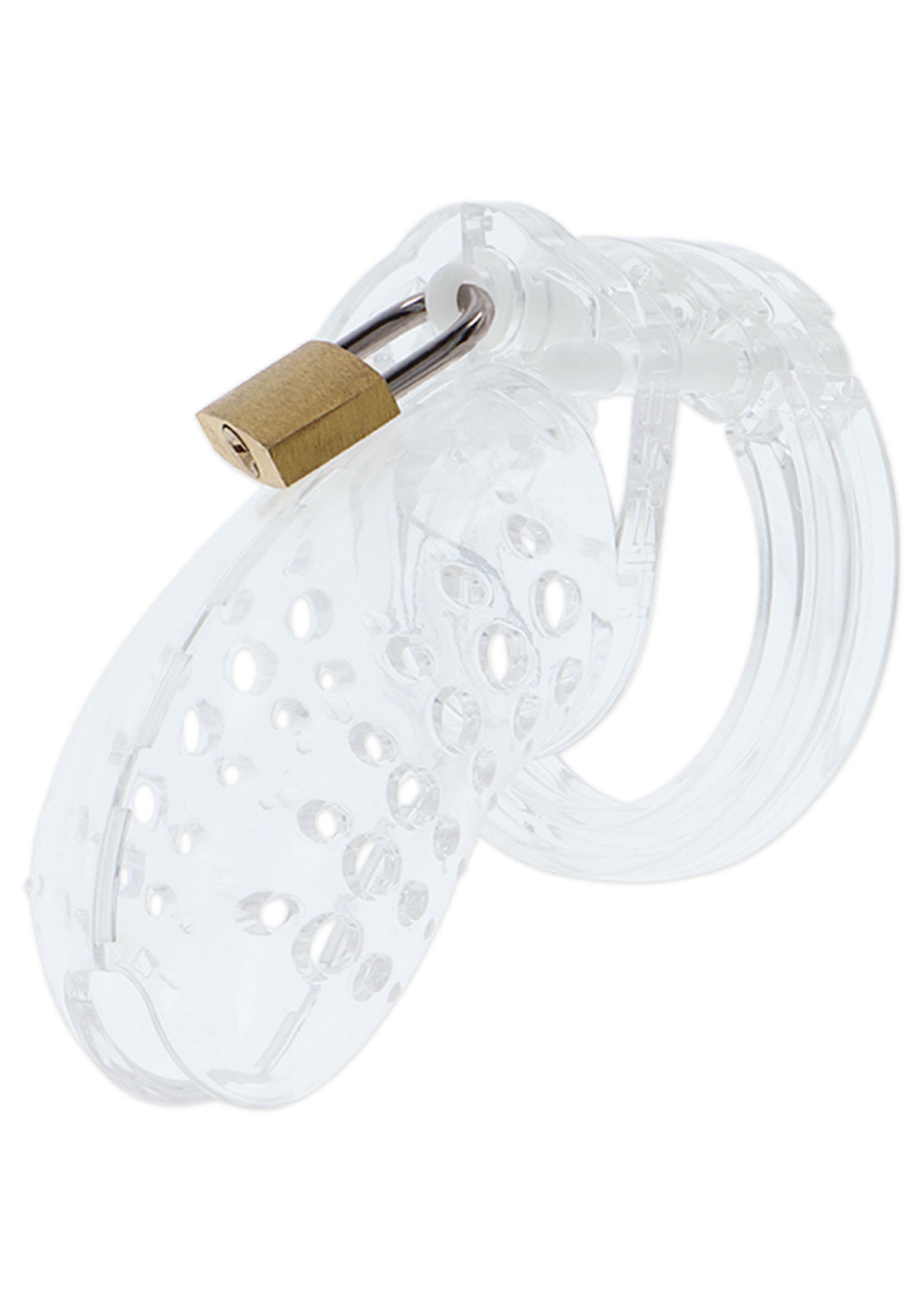 Ceinture de chasteté masculine transparente avec cadenas doré. Discrétion et contrôle assurés.; Transparante kuisheidsgordel voor mannen met gouden slot. Discrete controle verzekerd.; Transparent male chastity device with golden lock. Discreet control guaranteed.