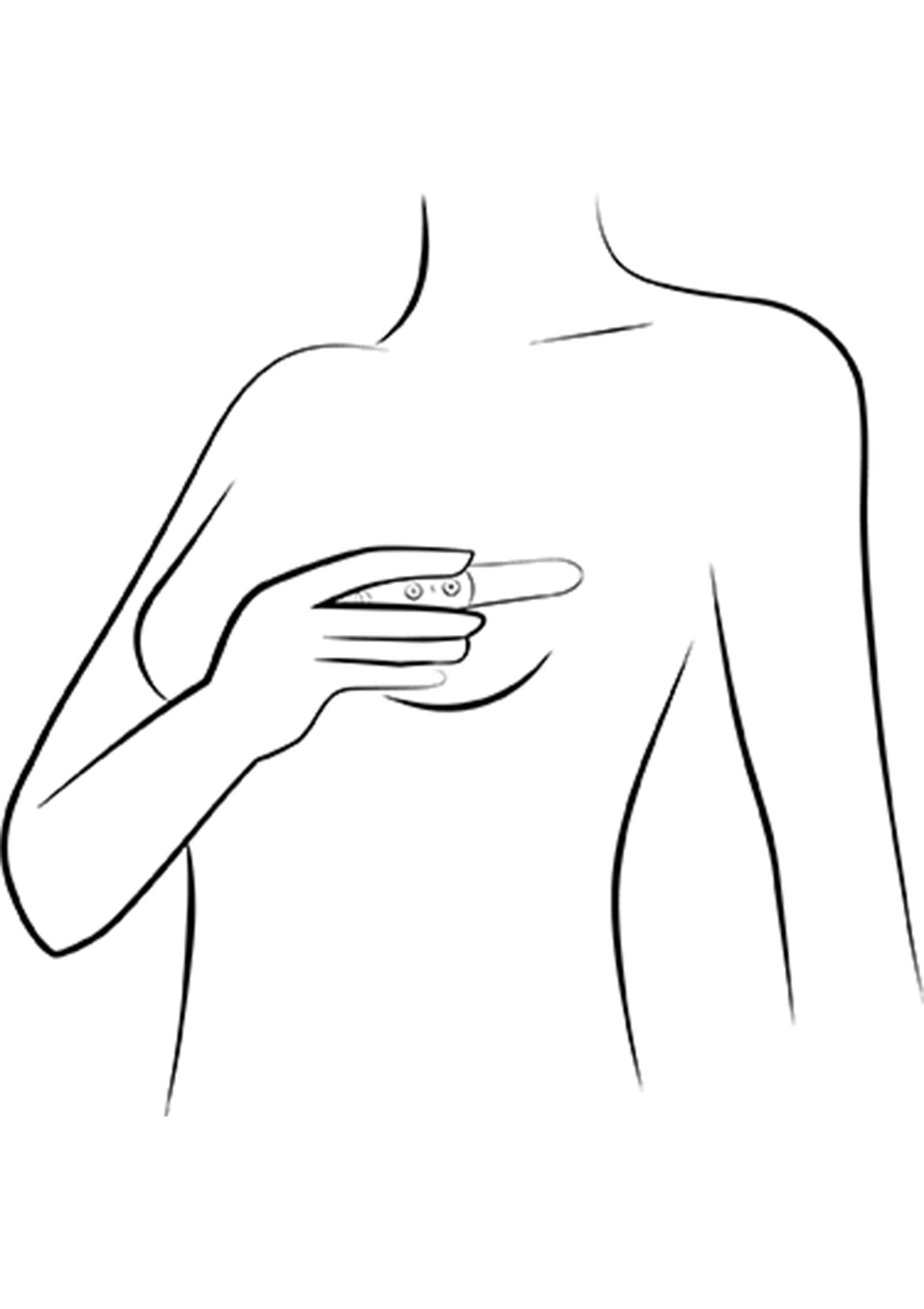 Illustration schématique d'une femme utilisant un appareil sur son sein. Information sur la santé des femmes.; Schematische illustratie van een vrouw die een apparaat op haar borst gebruikt. Vrouwelijke gezondheidsinformatie.; Schematic illustration of a woman using a device on her breast. Female health information.