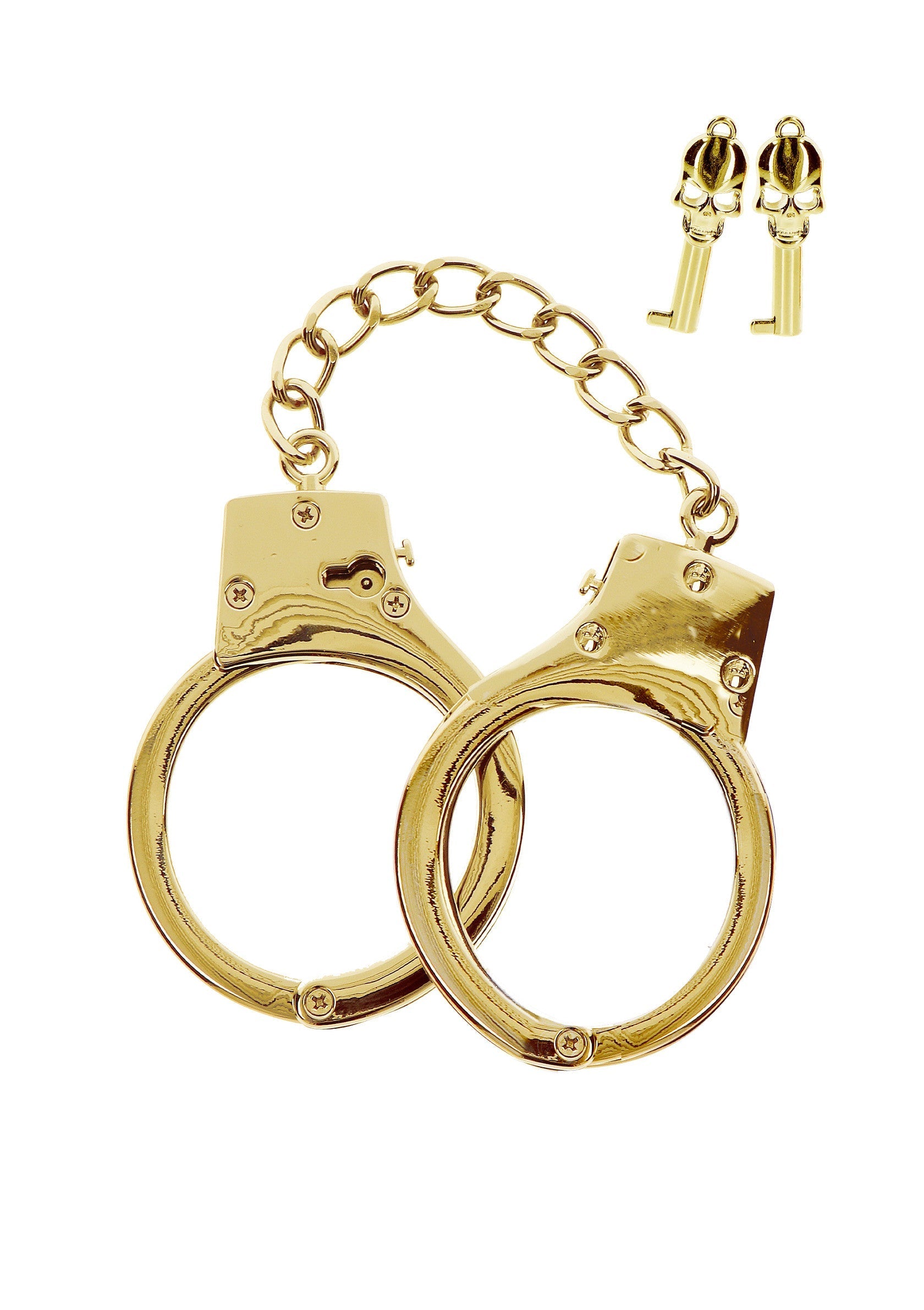 Menottes dorées avec clés pour un déguisement original et amusant.; Gouden handboeien met sleutels voor een leuk en origineel kostuum.; Gold handcuffs with keys for a fun and original costume.