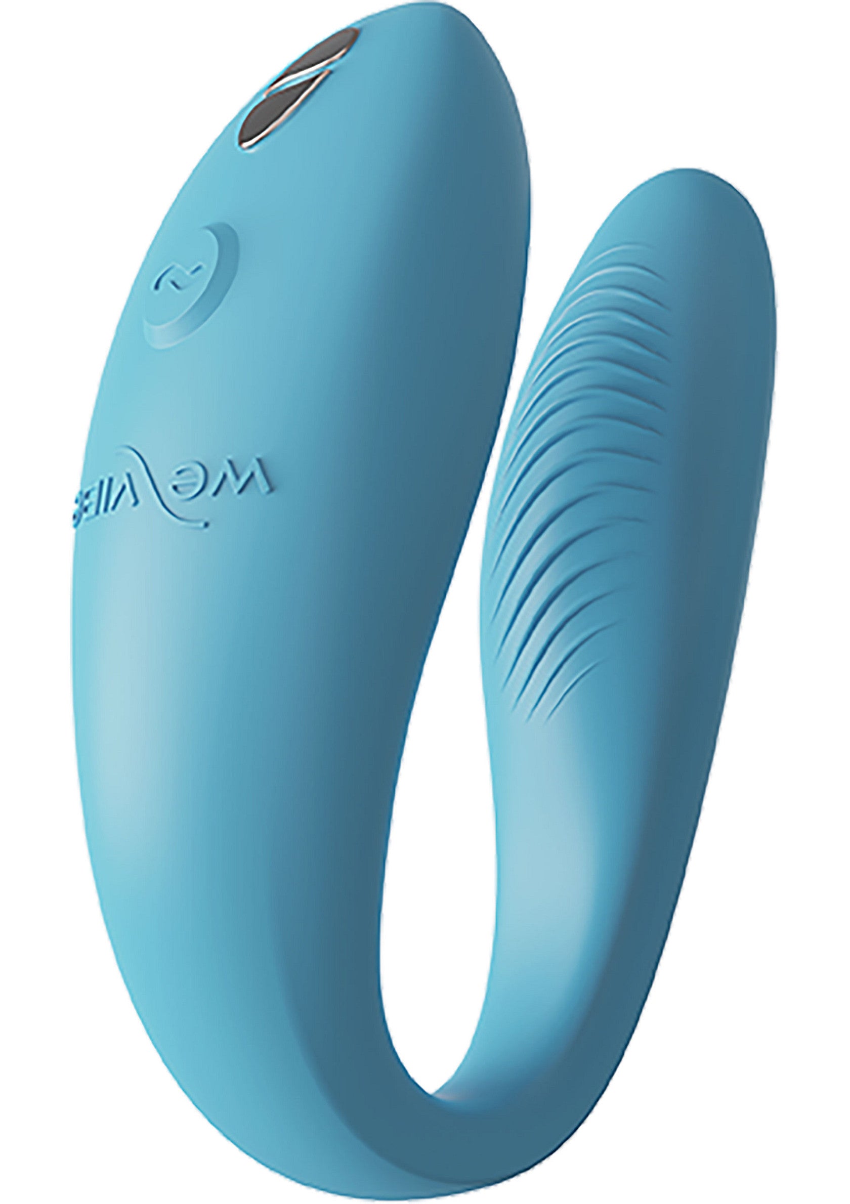 Image d'un sextoy We-Vibe Tango X en silicone bleu. Ce jouet pour couple est conçu pour le plaisir partagé.; Afbeelding van een blauw siliconen We-Vibe Tango X seksspeeltje. Dit speeltje voor koppels is ontworpen voor gedeeld plezier.; Image of a blue silicone We-Vibe Tango X sex toy. This couple's toy is designed for shared pleasure.