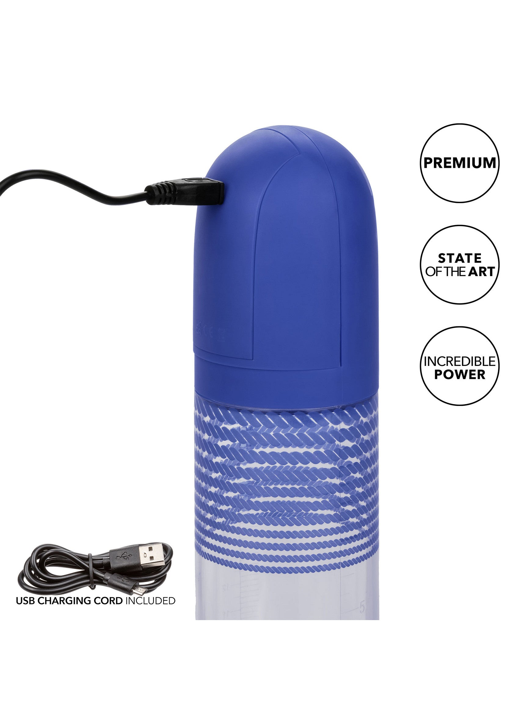 Appareil bleu premium avec câble USB. Puissance incroyable, à la pointe de la technologie. Rechargeable.; Blauw premium apparaat met USB-kabel. Ongelooflijke kracht, state of the art. Oplaadbaar.; Blue premium device with USB cable. Incredible power, state of the art. Rechargeable.