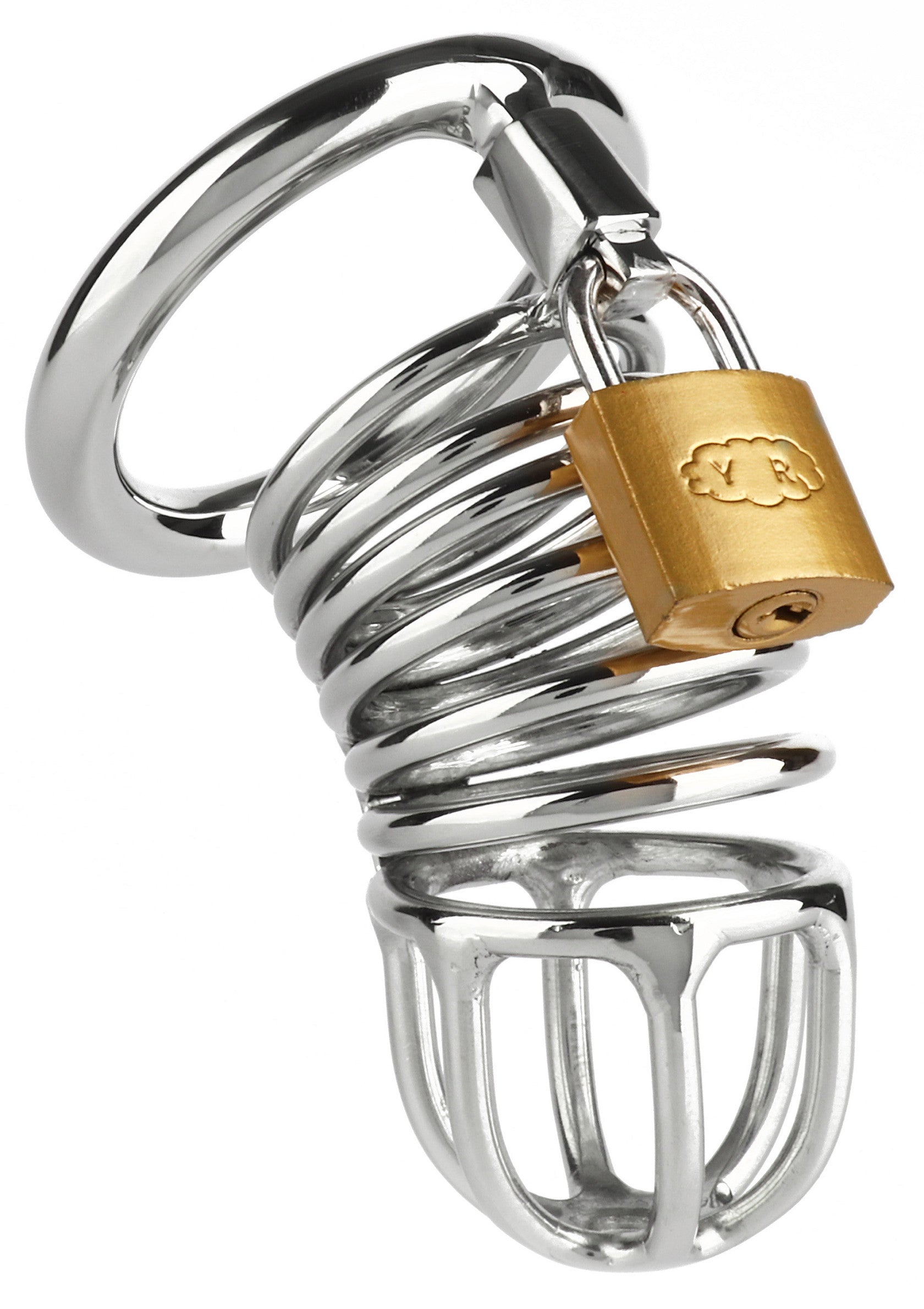 Cages de chasteté masculines en acier inoxydable avec cadenas.; Roestvrijstalen mannelijke kuisheidskooien met slot.; Stainless steel male chastity cages with padlock.