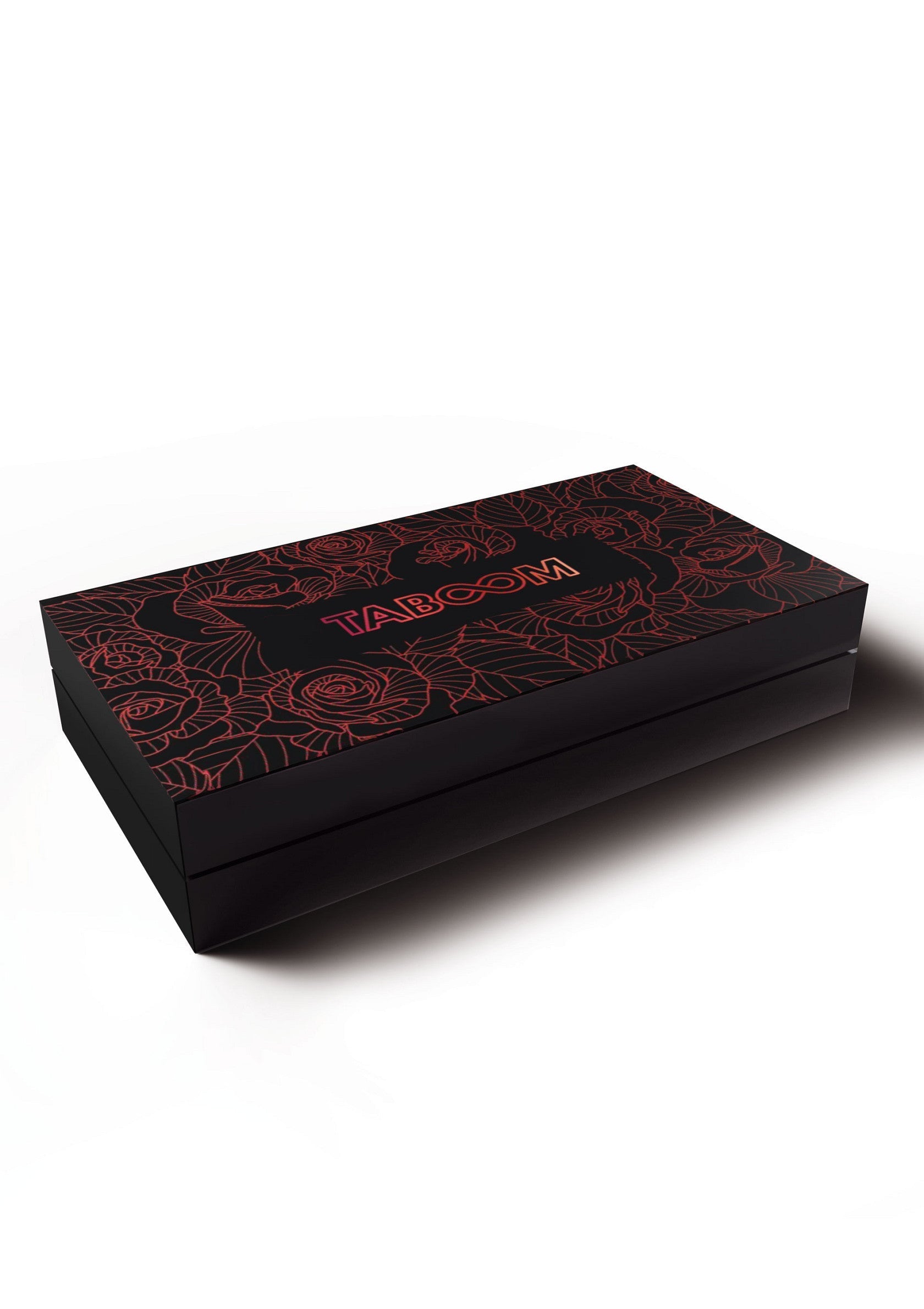 Boîte noire Taboom avec motif floral rouge. Emballage élégant pour cadeaux spéciaux. ; Zwarte Taboom doos met rood bloemmotief. Stijlvolle verpakking voor speciale cadeaus.; Black Taboom box with red floral pattern. Stylish packaging for special gifts.