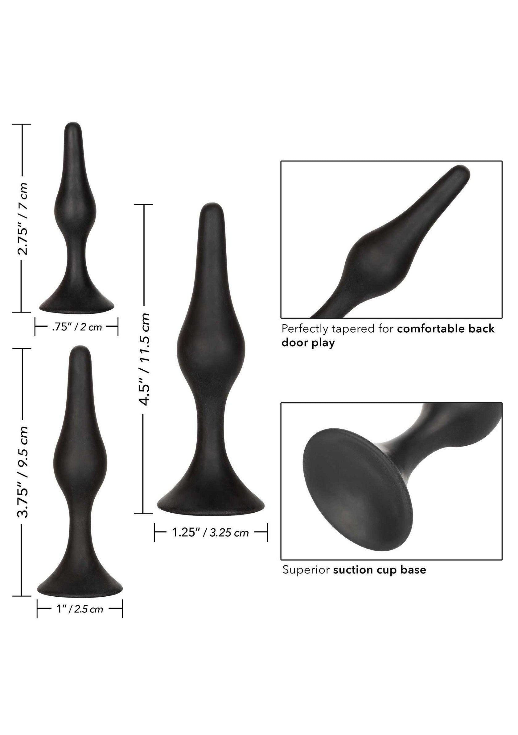 Plug anal noir de différentes tailles avec ventouse pour une utilisation facile.; Zwarte anaalplug in verschillende maten met zuignap voor eenvoudig gebruik.; Black butt plug in different sizes with suction cup for easy use.