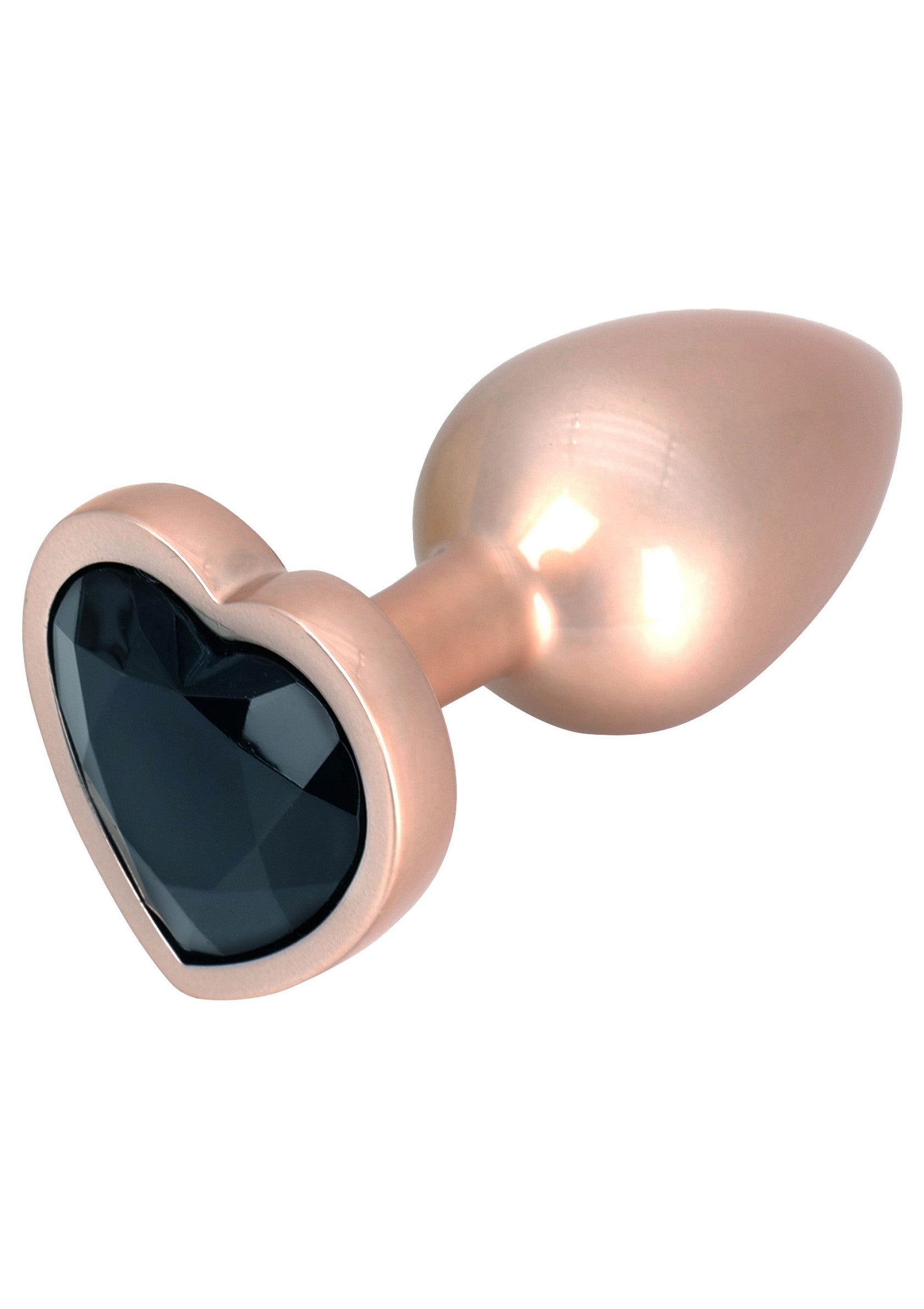 Plug anal rose doré avec cœur noir. Bijou intime élégant pour les moments spéciaux.; Roségouden buttplug met zwart hartje. Stijlvol intiem sieraad voor speciale momenten.; Rose gold butt plug with black heart. Stylish intimate jewelry for special moments.