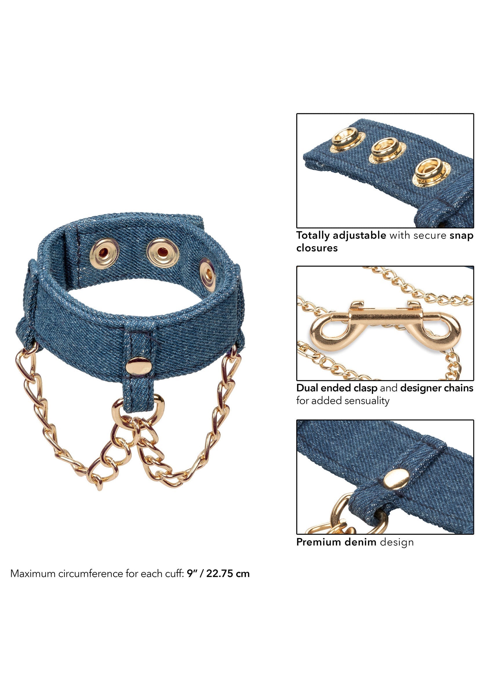 Manchette en jean avec chaînes dorées. Ajustable, style unique pour pimenter votre look. Découvrez la sensualité du denim!; Denim manchet met gouden kettingen. Verstelbaar, unieke stijl om je look op te fleuren. Ontdek de sensualiteit van denim!; Denim cuff with gold chains. Adjustable, unique style to spice up your look. Discover the sensuality of denim!
