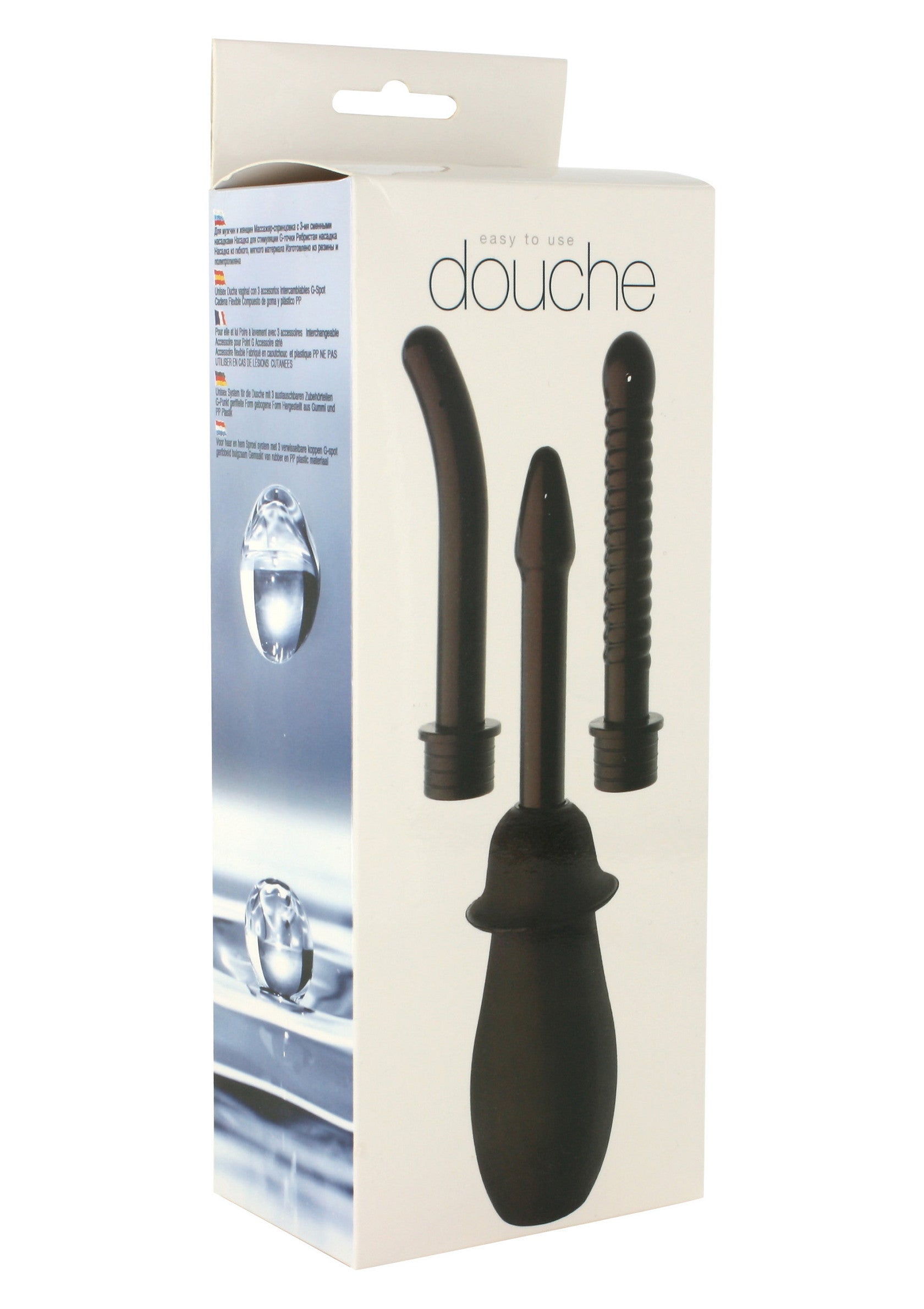 Kit de douche vaginale facile à utiliser pour une hygiène intime optimale. Embouts interchangeables inclus.; Eenvoudig te gebruiken vaginale douche kit voor optimale intieme hygiëne. Inclusief verwisselbare opzetstukken.; Easy-to-use douche kit for optimal intimate hygiene. Includes interchangeable nozzles.