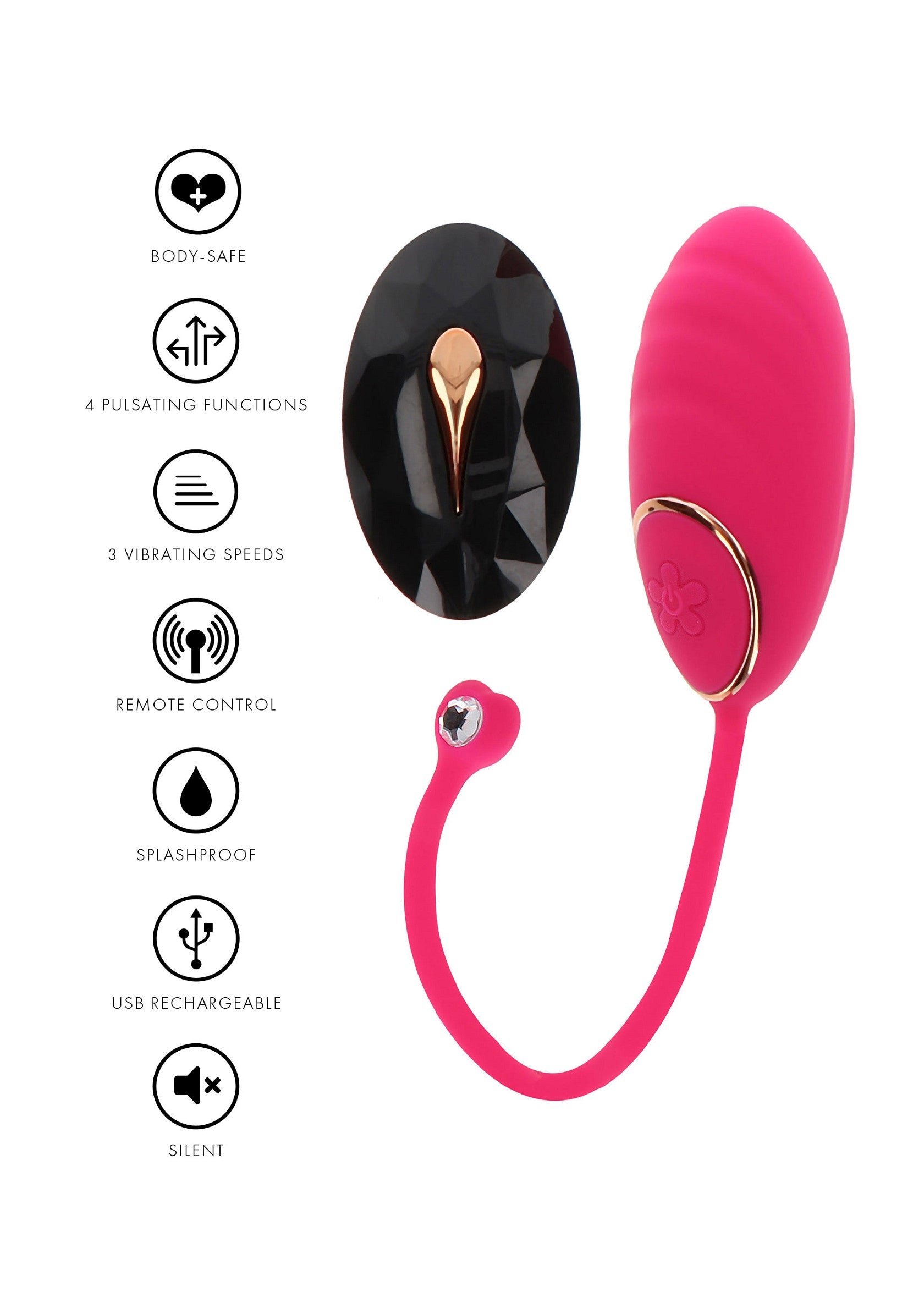 Vibromasseur rose et noir avec télécommande, 4 modes et 3 vitesses. Rechargeable USB et silencieux.; Roze en zwarte vibrator met afstandsbediening, 4 standen en 3 snelheden. USB oplaadbaar en stil.; Pink and black vibrator with remote control, 4 patterns and 3 speeds. USB rechargeable and silent.