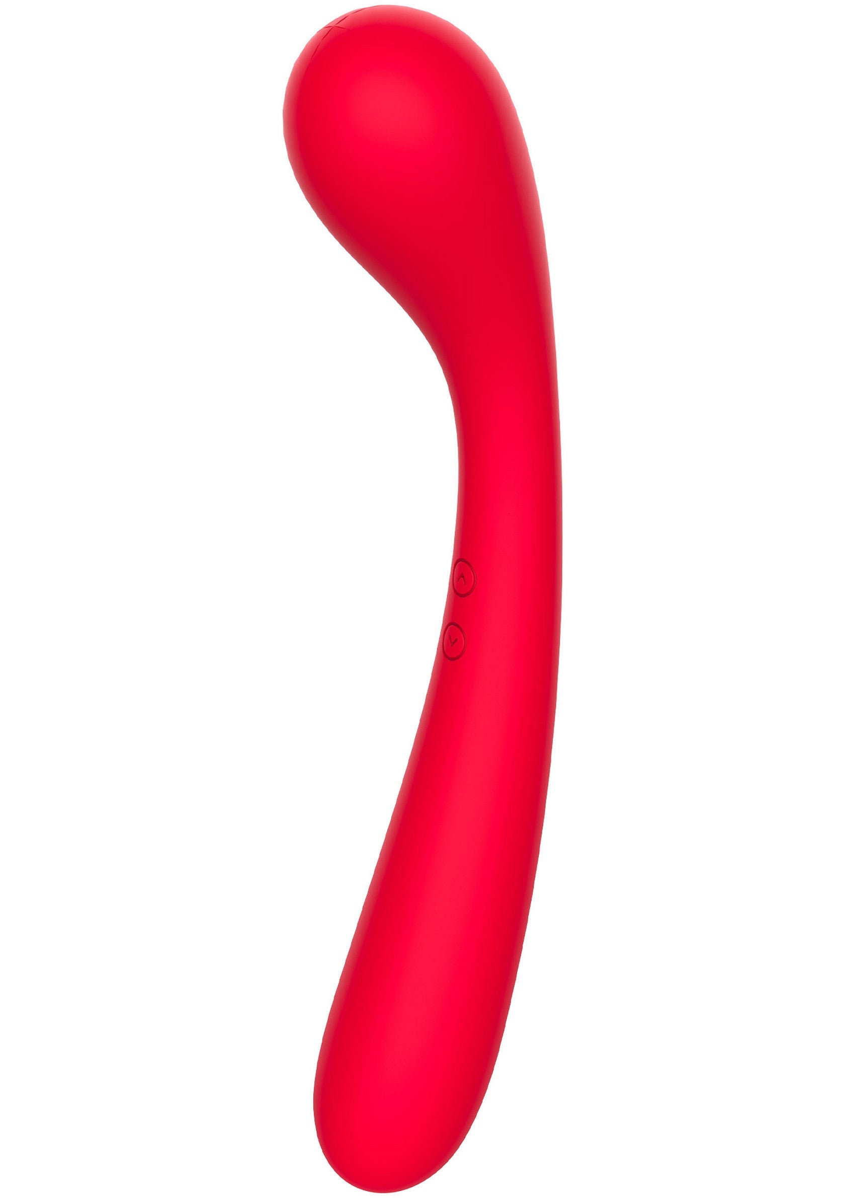 Vibromasseur courbé rouge pour le plaisir personnel et la relaxation. Design élégant et facile à utiliser.; Rode, gebogen vibrator voor persoonlijk genot en ontspanning. Stijlvol en makkelijk te gebruiken ontwerp.; Red, curved vibrator for personal pleasure and relaxation. Stylish and easy-to-use design.