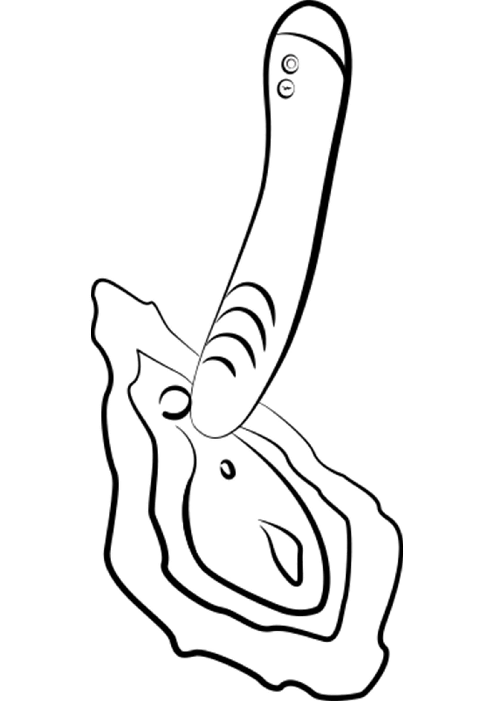 Vibrateur avec une coquille d'huître, dessin au trait noir sur blanc.; Vibrator met oesterschelp, zwarte lijntekening op wit.; Vibrator with oyster shell, black line drawing on white.