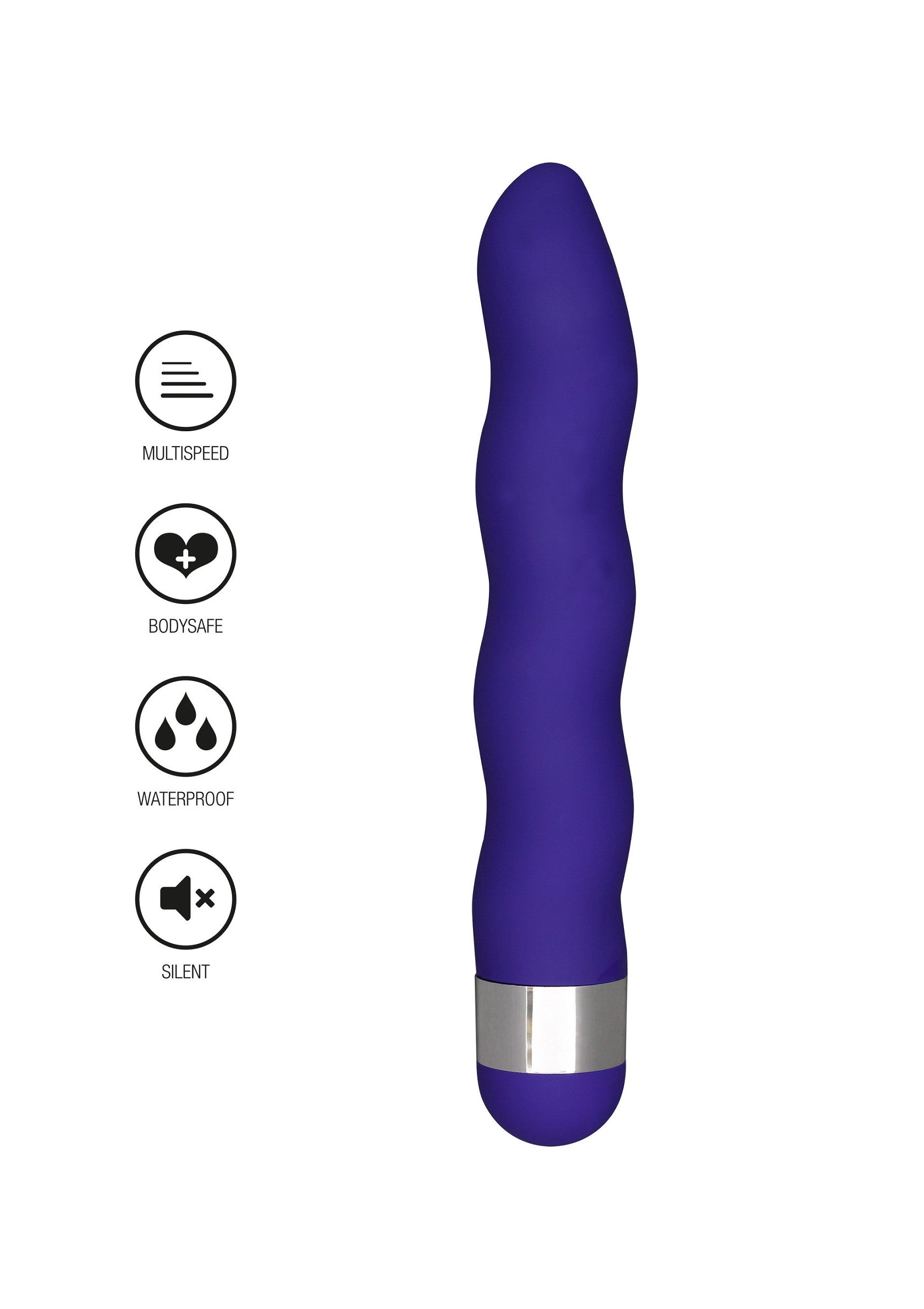 Vibromasseur violet ondulé, multispeed, sûr pour le corps, étanche et silencieux.; Paarse, gegolfde vibrator, multi-speed, veilig voor het lichaam, waterdicht en stil.; Purple, rippled vibrator, multi-speed, body-safe, waterproof, and silent.