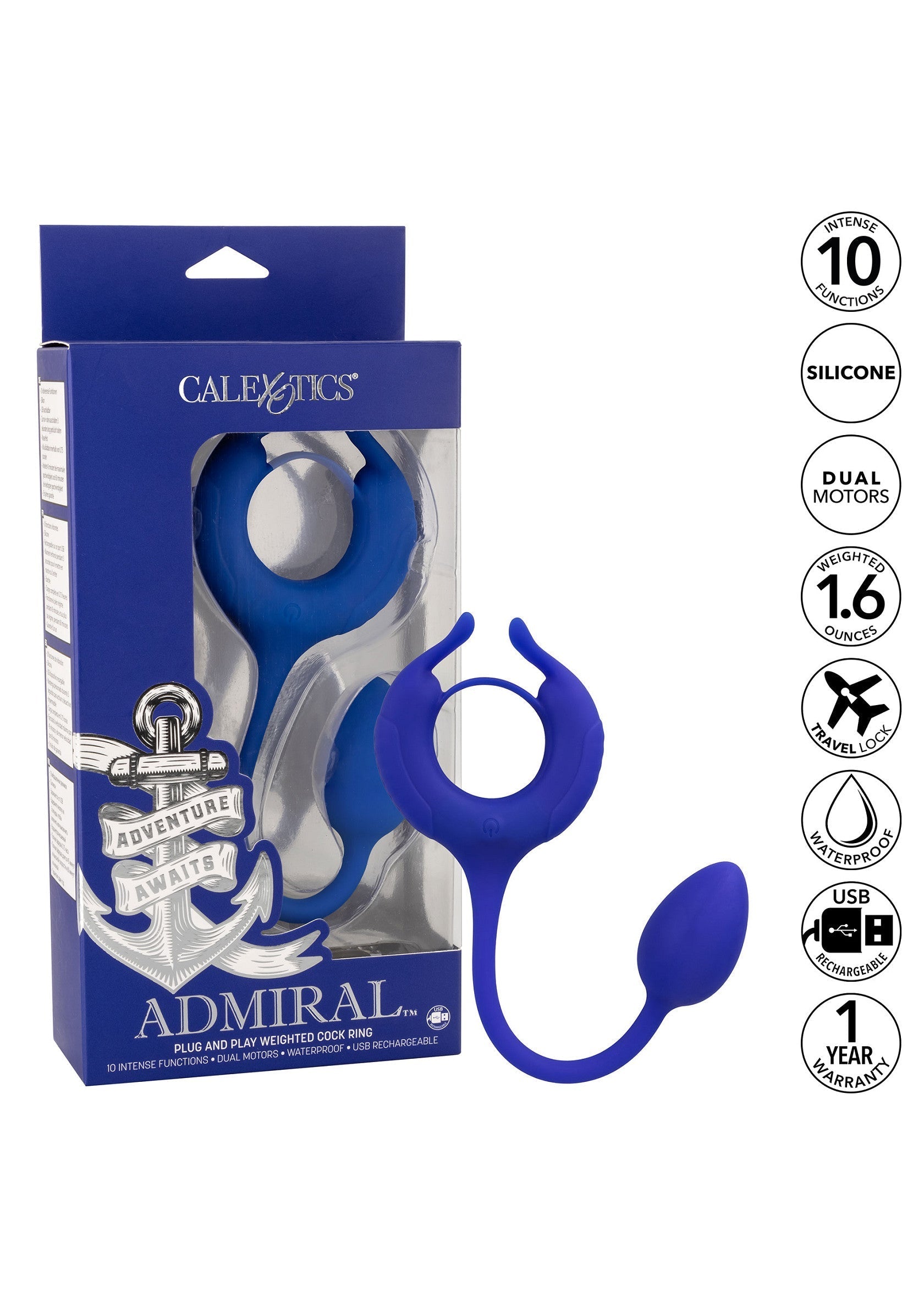 Anneau pénien lesté Calexotics Admiral, pour un plaisir intense et des aventures inoubliables. 10 fonctions, silicone sûr et rechargeable.; Calexotics Admiral gewogen penisring voor intense genot en onvergetelijke avonturen. 10 functies, veilig siliconen en oplaadbaar.; Calexotics Admiral weighted cock ring for intense pleasure & unforgettable adventures. 10 functions, safe silicone, rechargeable.