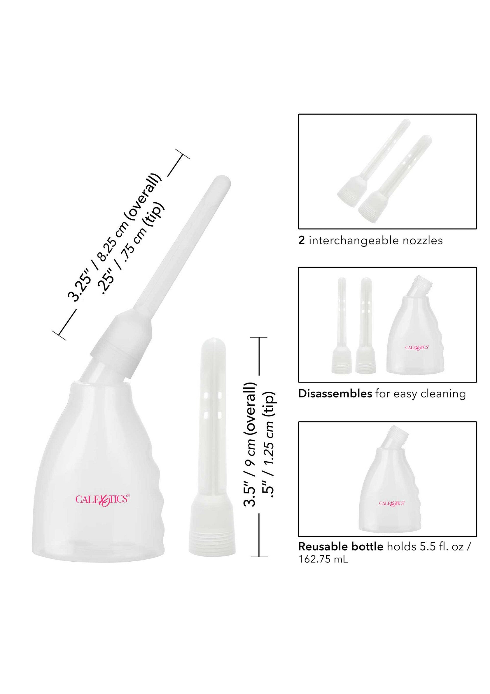 Kit de douche vaginale CalExotics avec 2 embouts, démontable pour un nettoyage facile. Bouteille réutilisable de 162,75 ml.; CalExotics vaginale douchekit met 2 nozzles, demonteerbaar voor eenvoudige reiniging. Herbruikbare fles van 162,75 ml.; CalExotics douche kit with 2 nozzles, disassembles for easy cleaning. Reusable bottle holds 5.5 fl. oz / 162.75 ml