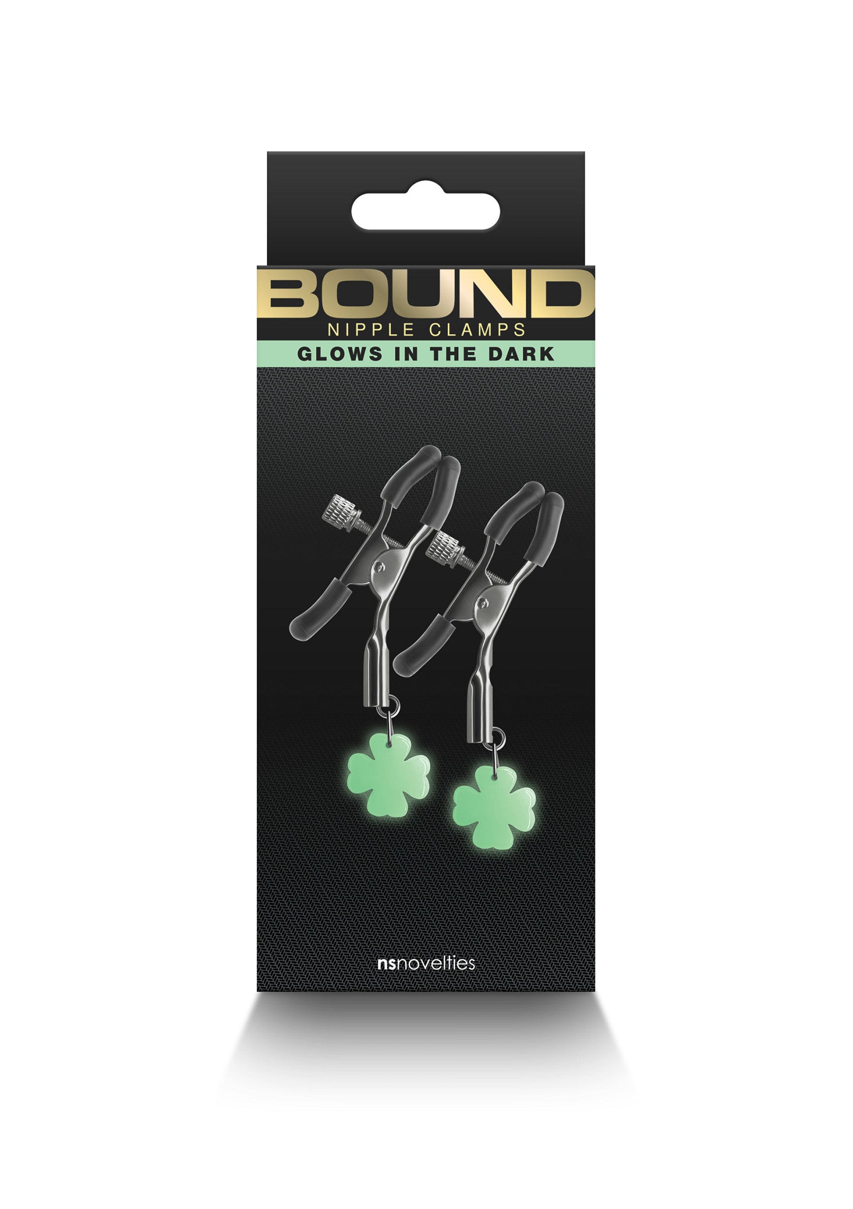 Pinces à tétons Bound avec trèfles phosphorescents. Pimentez vos jeux coquins avec ces accessoires originaux.; Bound tepelklemmen met glow-in-the-dark klavertjes. Spice je ondeugende spelletjes op met deze originele accessoires.; Bound nipple clamps with glow-in-the-dark clovers. Spice up your kinky games with these original accessories.