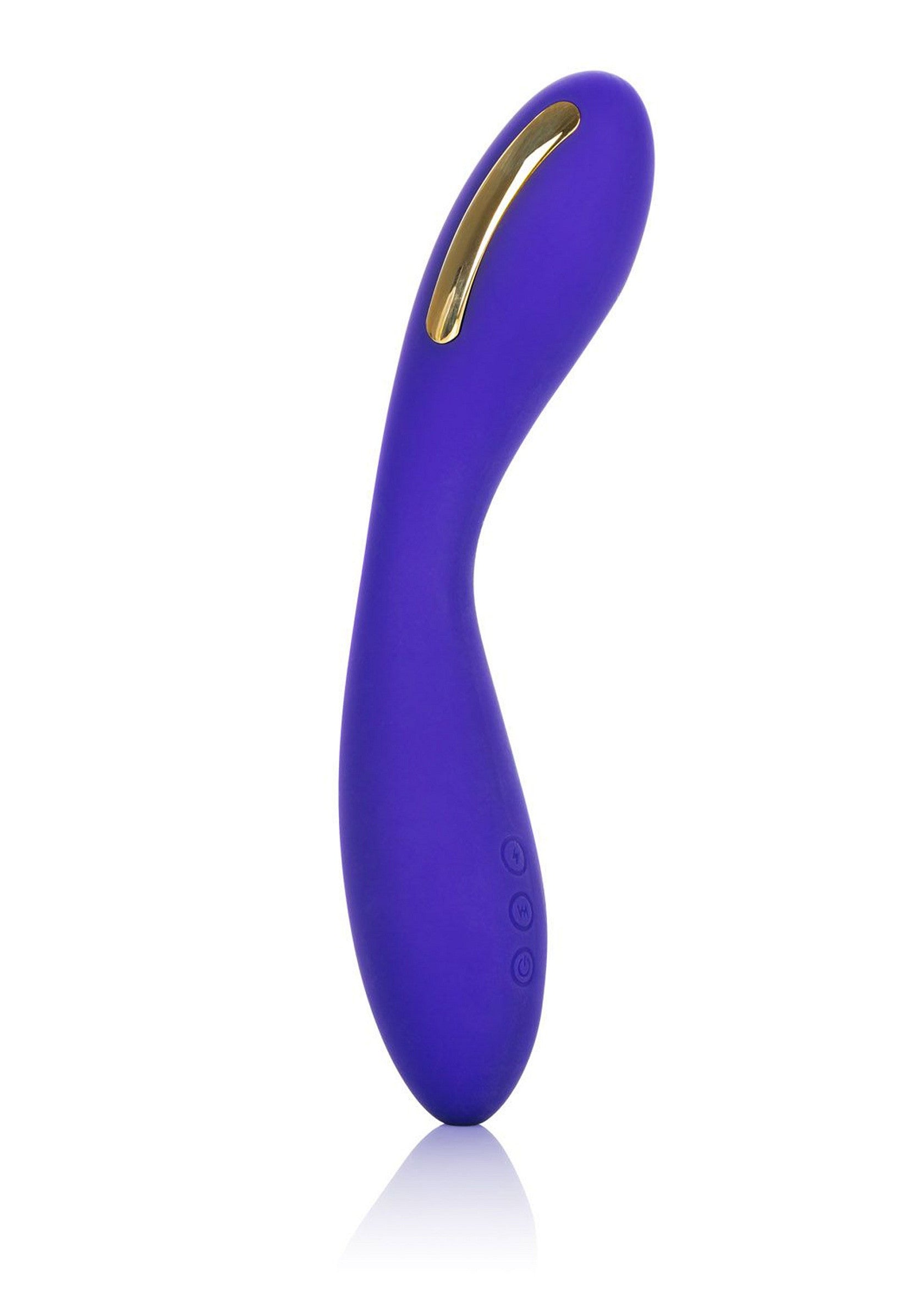 Vibromasseur incurvé violet avec accent doré pour le plaisir féminin.; Paarse gebogen vibrator met gouden accent voor vrouwelijk genot.; Purple curved vibrator with gold accent for female pleasure.