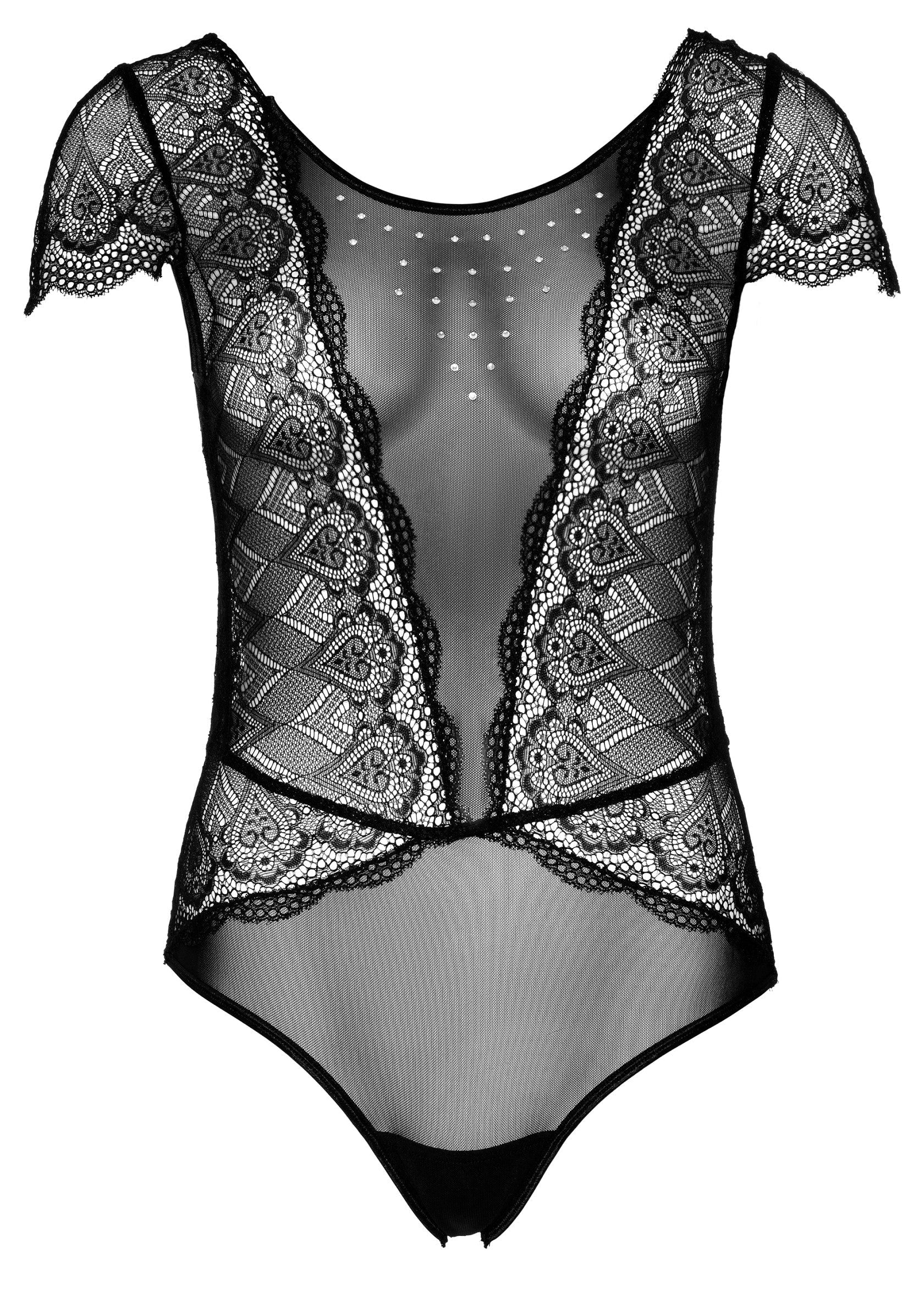 Body noir en dentelle florale délicate et résille transparente pour une allure sensuelle et élégante.; Zwarte body met delicaat bloemenkant en transparant mesh voor een sensuele en elegante look.; Black bodysuit with delicate floral lace and sheer mesh for a sensual and elegant look.