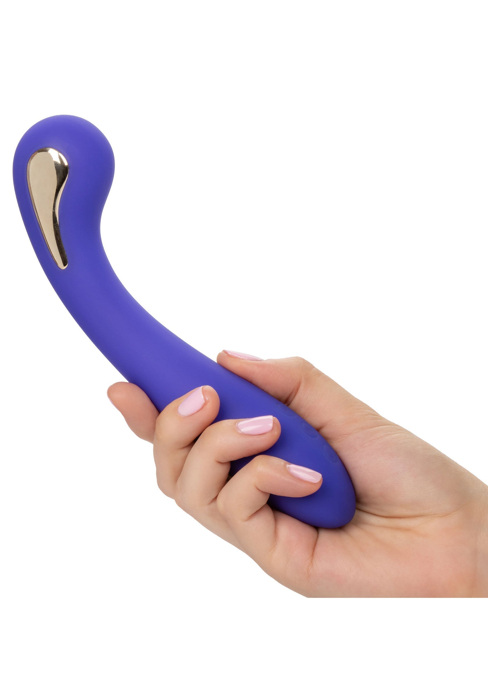 Masseur vibrant violet dans la main pour le plaisir intime.; Paarse vibrerende stimulator in de hand voor intiem genot.; Purple vibrating massager in hand for intimate pleasure.