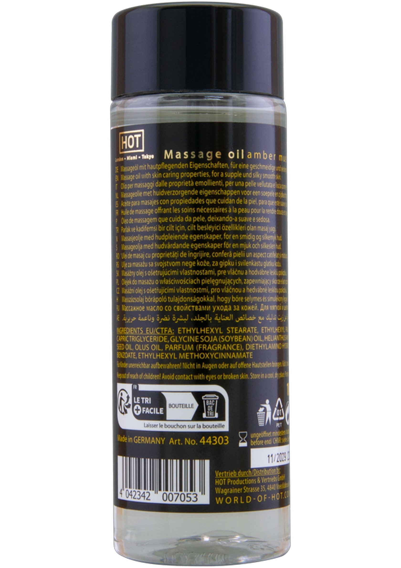 Huile de massage ambre HOT. Huile de soin pour une peau souple et douce. Fabriqué en Allemagne. ; HOT massageolie amber. Verzorgende olie voor een soepele en zachte huid. Gemaakt in Duitsland.; HOT massage oil amber. Caring oil for supple, soft skin. Made in Germany. Great for relaxation and massage.