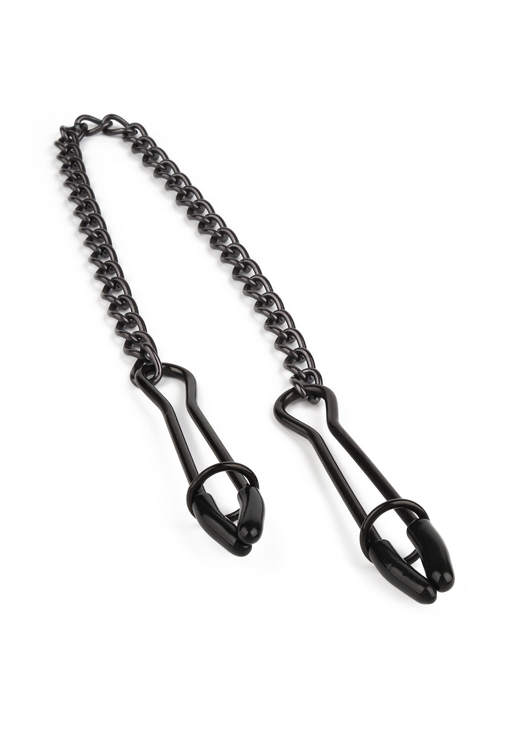Pinces à tétons noires avec chaîne. Accessoires érotiques pour un plaisir intense et des sensations fortes.; Zwarte tepelklemmen met ketting. Erotische accessoires voor intense genot en spannende sensaties.; Black nipple clamps with chain. Erotic accessories for intense pleasure and thrilling sensations.