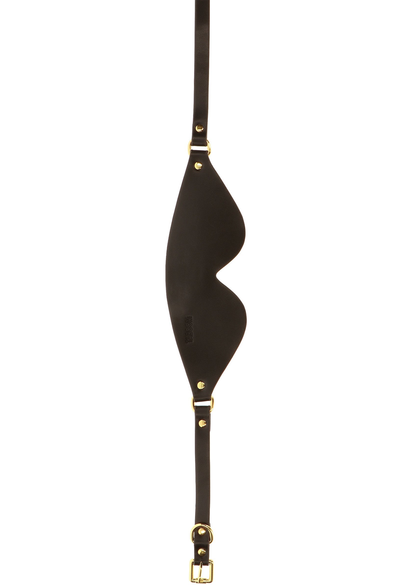 Masque de sommeil en cuir noir élégant, avec lanière ajustable et détails dorés. Sommeil réparateur garanti.; Stijlvol zwart leren slaapmasker met verstelbare band en gouden details. Gegarandeerd een goede nachtrust.; Elegant black leather sleep mask with adjustable strap and gold details. Guaranteed restful sleep.