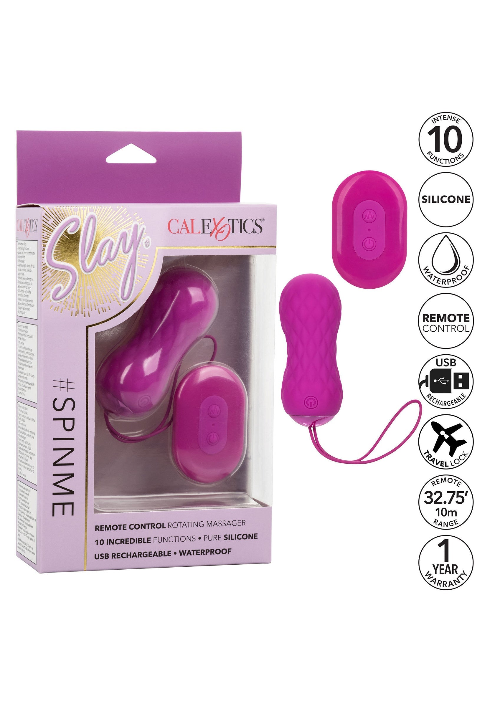 Masseur rotatif télécommandé CalExotics Slay #Spinme. 10 fonctions, en silicone. Rechargeable USB et étanche.; CalExotics Slay #Spinme roterende massager met afstandsbediening. 10 functies, pure siliconen. USB oplaadbaar en waterdicht.; CalExotics Slay #Spinme remote control rotating massager. 10 functions, pure silicone. USB rechargeable and waterproof.