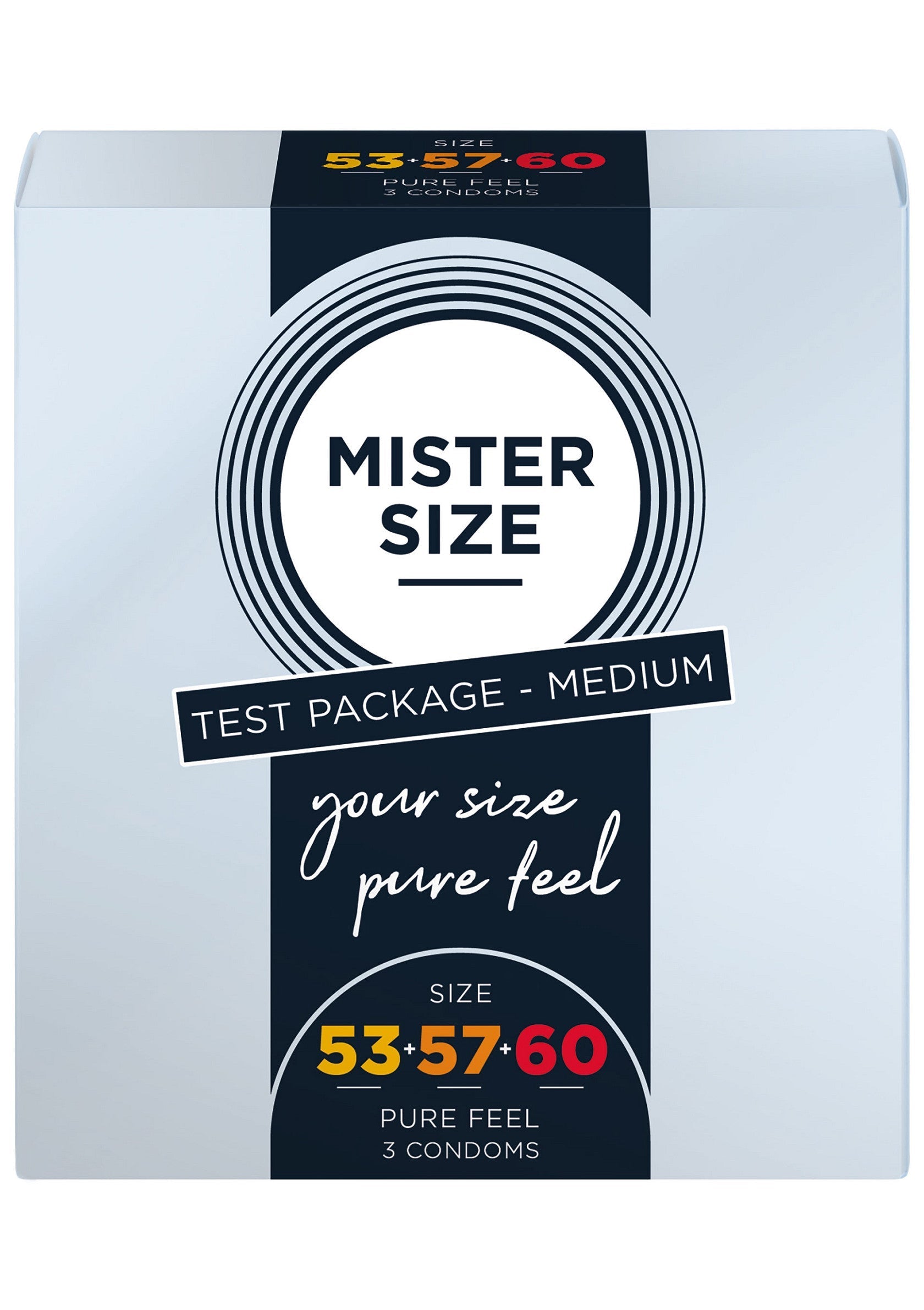 Paquet d'essai Mister Size Medium, tailles 53/57/60, 3 préservatifs pour une sensation naturelle. ; Mister Size Medium testpakket, maten 53/57/60, 3 condooms voor een natuurlijk gevoel.; Mister Size Medium test pack, sizes 53/57/60, 3 condoms for a pure feel. 