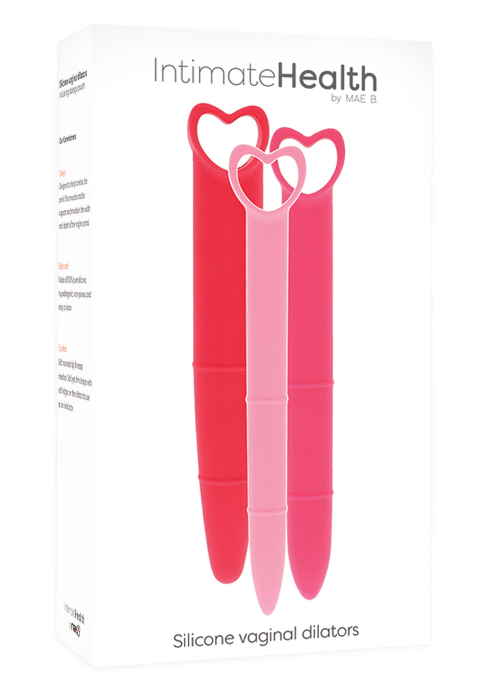 Dilatateurs vaginaux en silicone IntimateHealth de Mae B pour la santé intime et le confort.; IntimateHealth siliconen vaginale dilators van Mae B voor intieme gezondheid en comfort.; IntimateHealth Silicone Vaginal Dilators by Mae B for intimate health and comfort.