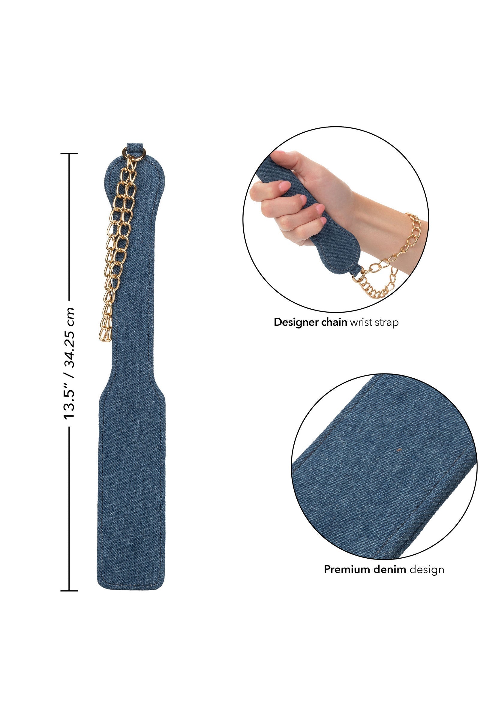 Palette de fessée en denim bleu avec une chaîne dorée. Accessoire de plaisir audacieux et élégant.; Blauwe denim spanking paddle met gouden ketting. Stoute, stijlvolle plezieraccessoire.; Blue denim spanking paddle with gold chain. Naughty, stylish pleasure accessory.