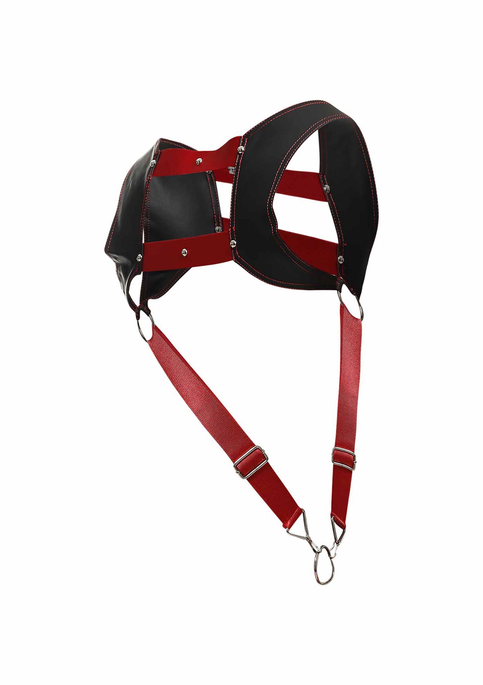 Harnais en cuir noir et rouge avec bretelles réglables pour un ajustement parfait.; Zwart en rood leren harnas met verstelbare banden voor een perfecte pasvorm.; Black and red leather harness with adjustable straps for a perfect fit.