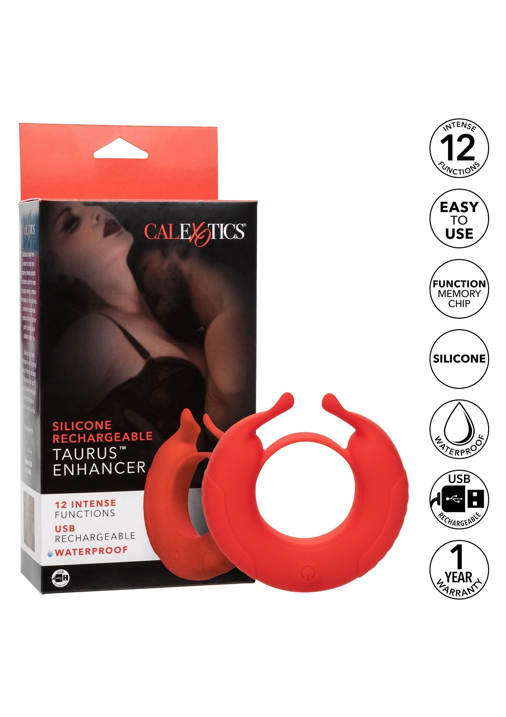 Améliorez votre plaisir avec le rehausseur Taurus rechargeable en silicone de Calexotics. 12 fonctions, USB rechargeable et étanche.; Verbeter uw plezier met de Calexotics Silicone Rechargeable Taurus Enhancer. 12 functies, USB oplaadbaar en waterdicht.; Enhance your pleasure with the Calexotics Silicone Rechargeable Taurus Enhancer. 12 functions, USB rechargeable, and waterproof.