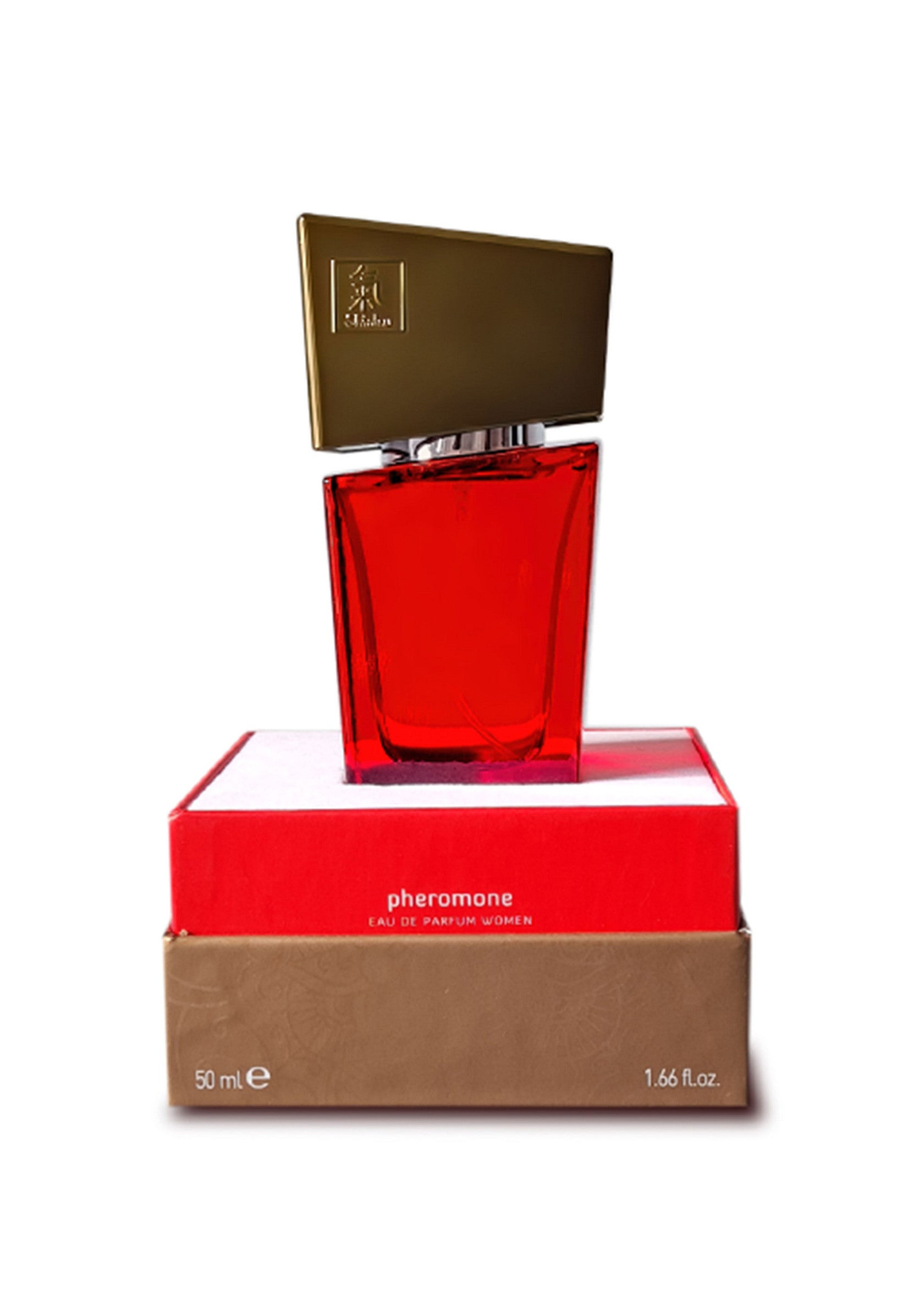 Parfum pour femme 'pheromone' dans un flacon rouge sur sa boîte d'emballage. 50ml.; Damesparfum 'pheromone' in een rode fles op de verpakking. 50ml.; Women's 'pheromone' perfume in a red bottle on its packaging box. 50ml.