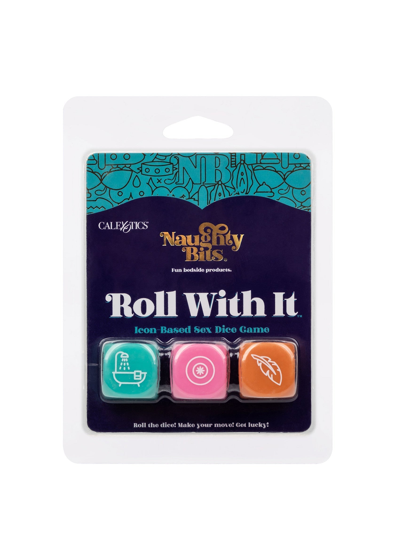 Jeu de dés coquins CalExotics Naughty Bits Roll With It. Pimentez votre vie amoureuse!; CalExotics Naughty Bits Roll With It stout dobbelspel. Spice je liefdesleven op!; CalExotics Naughty Bits Roll With It naughty dice game. Spice up your love life!